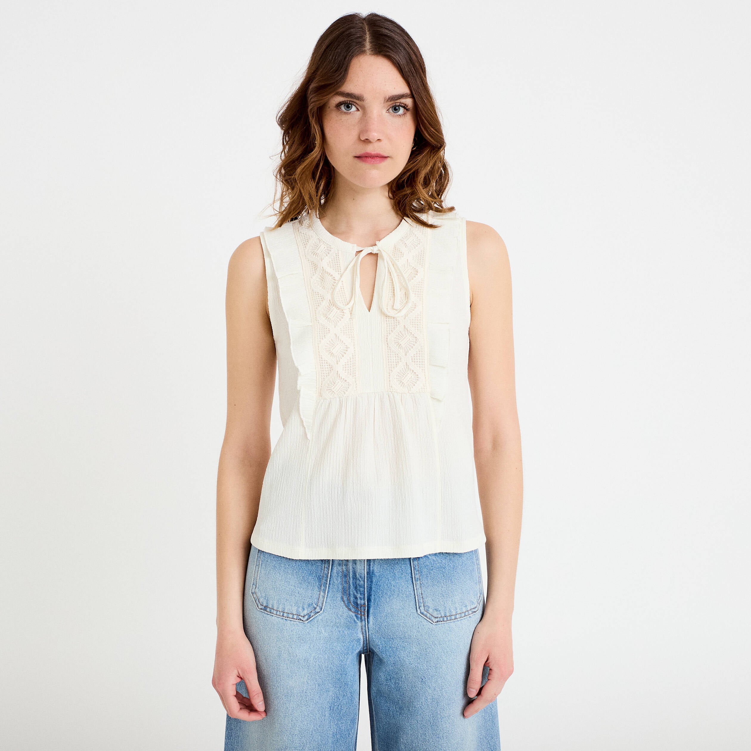 Blouse sans manches col v ecru femme