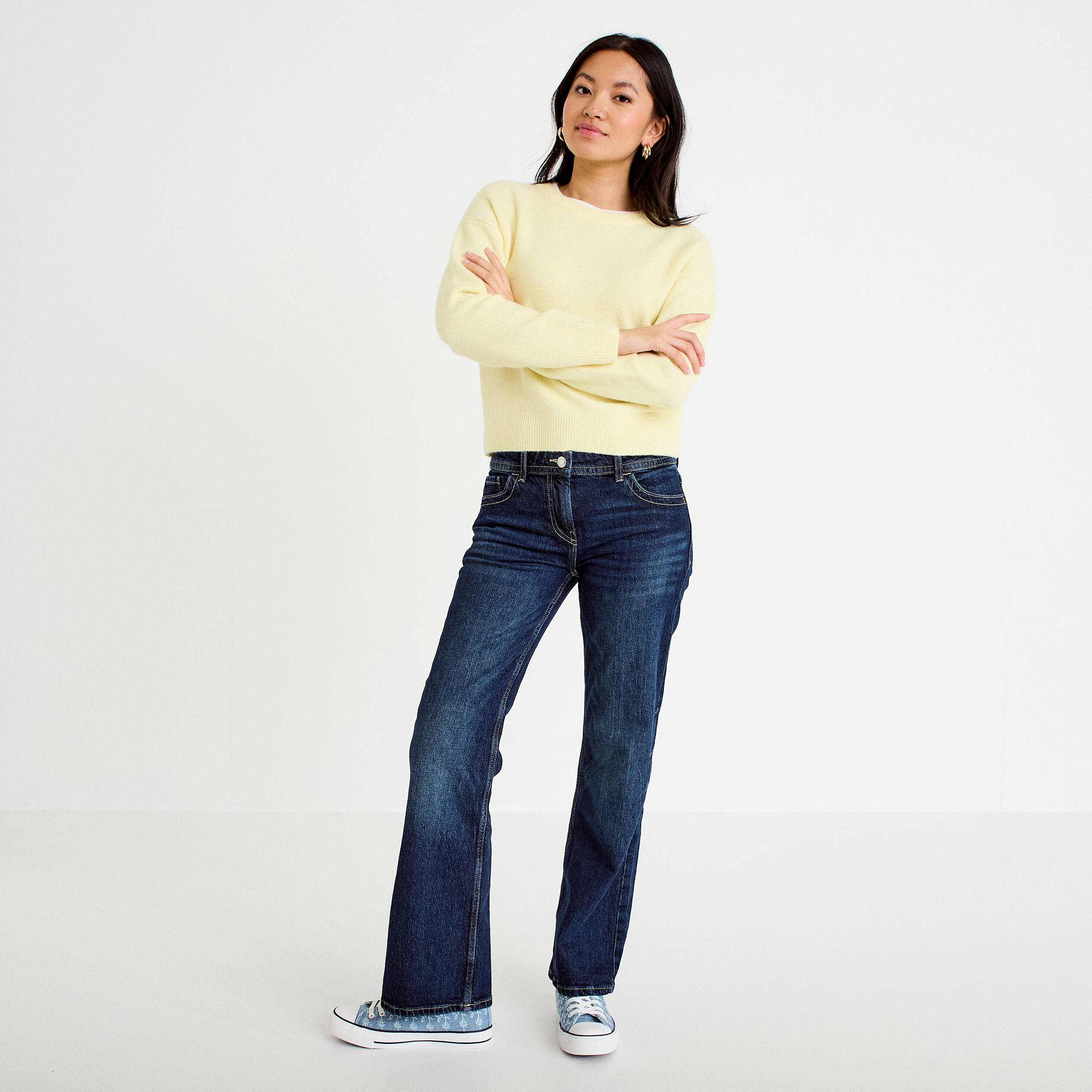 Pull col rond manches longues jaune clair femme