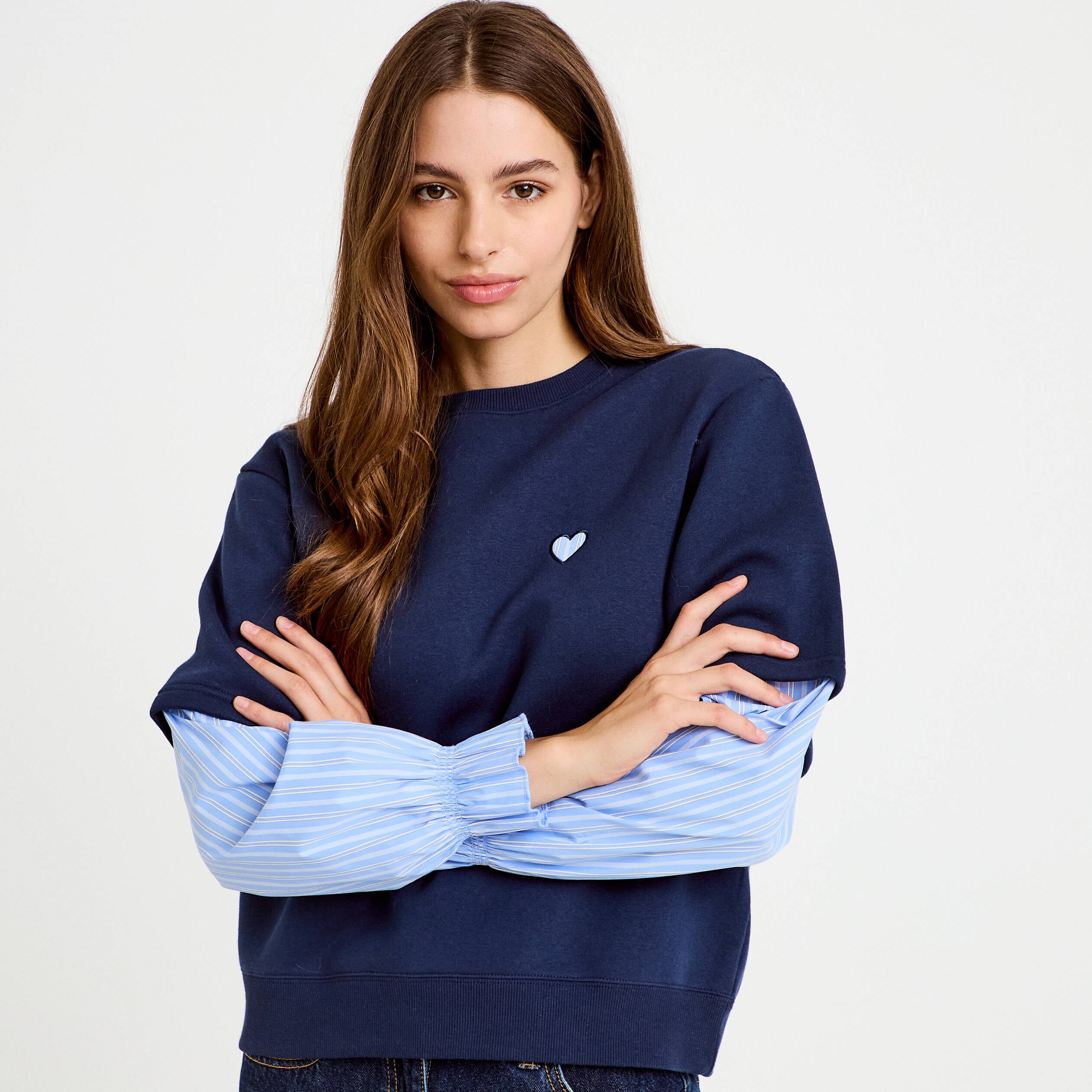 Sweat bi-mati&egrave;re manches longues bleu marine femme