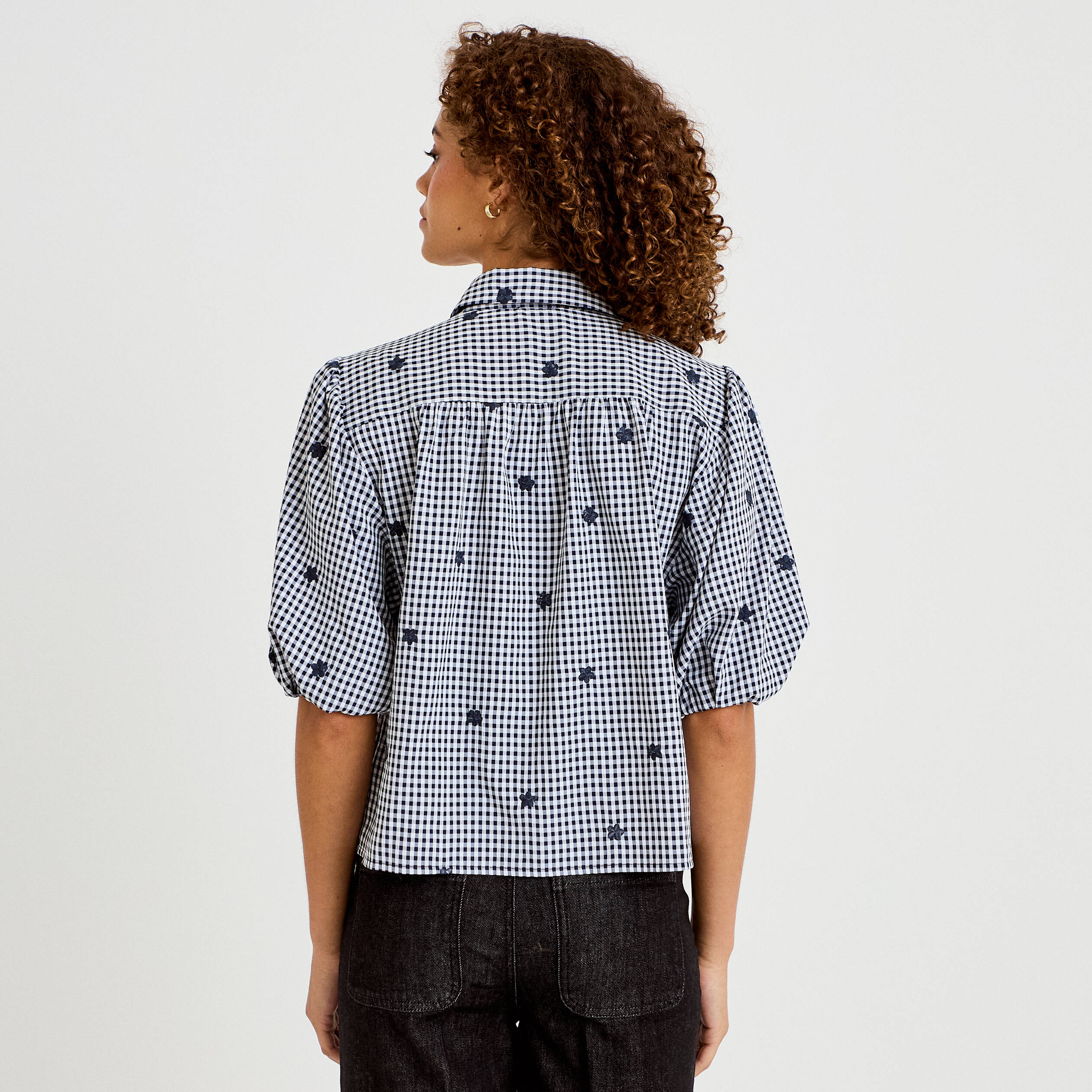 Chemise droite col classique manches 3/4 bleu marine femme
