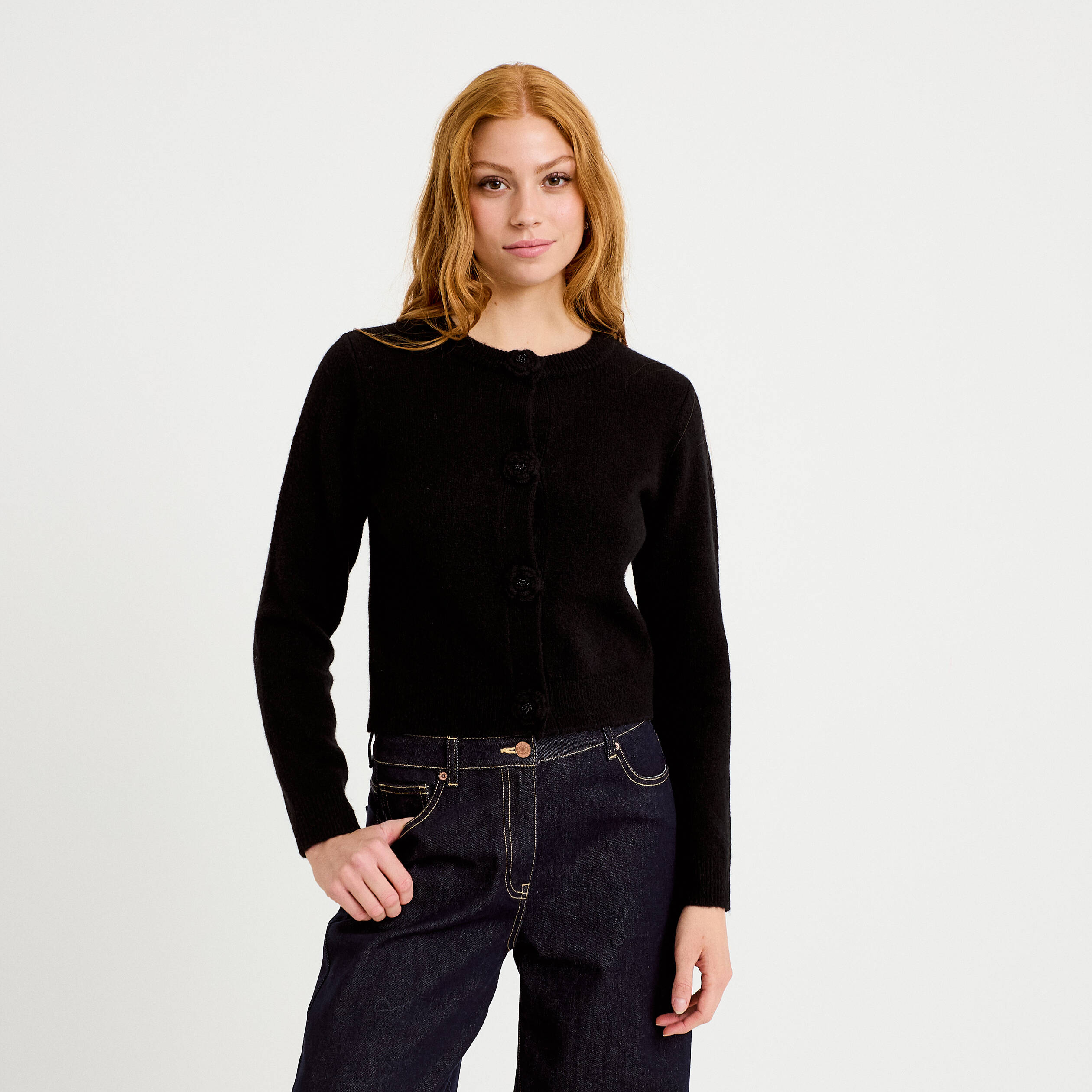 Gilet manches longues col rond noir femme