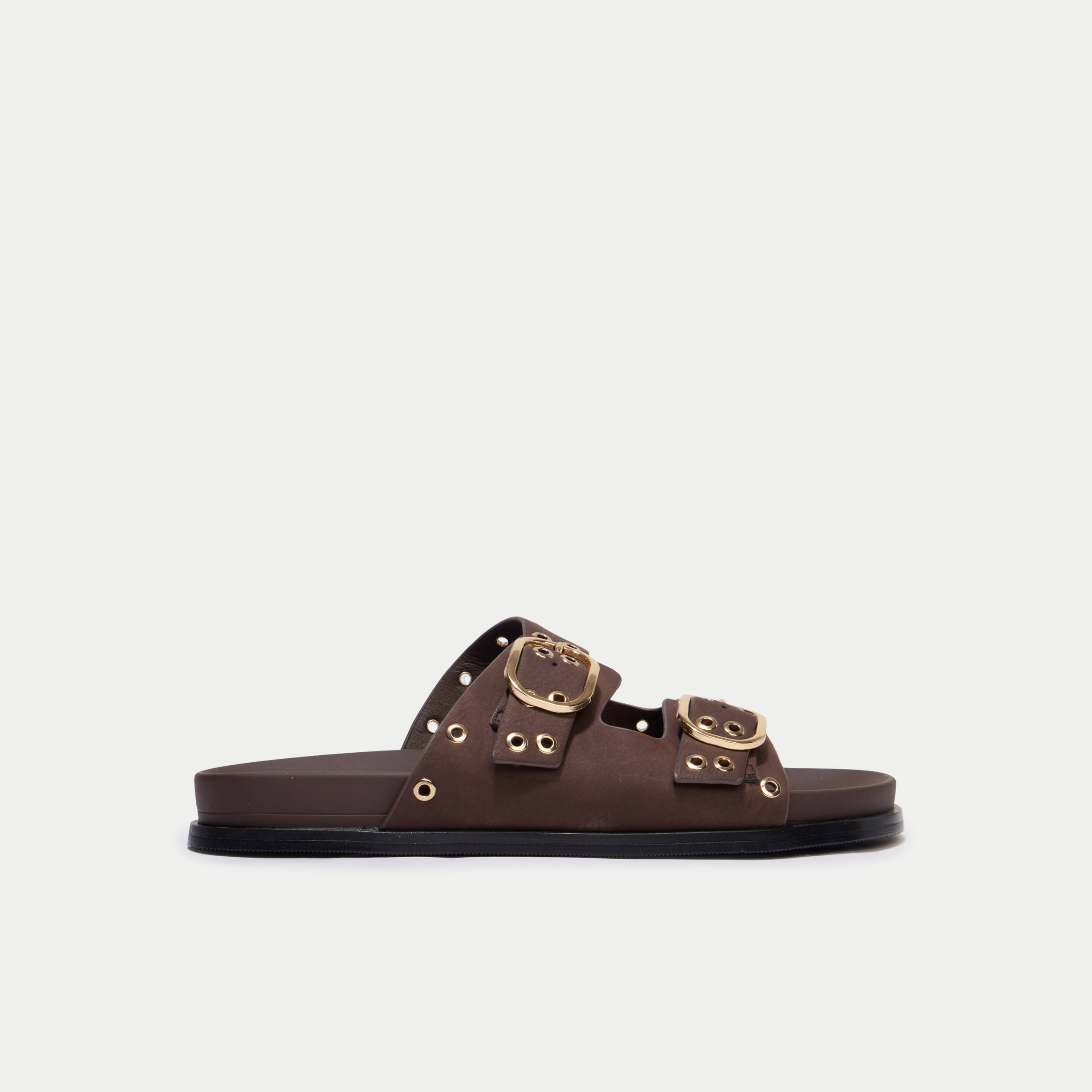 Mules d&eacute;tails clout&eacute;s marron fonc&eacute; femme