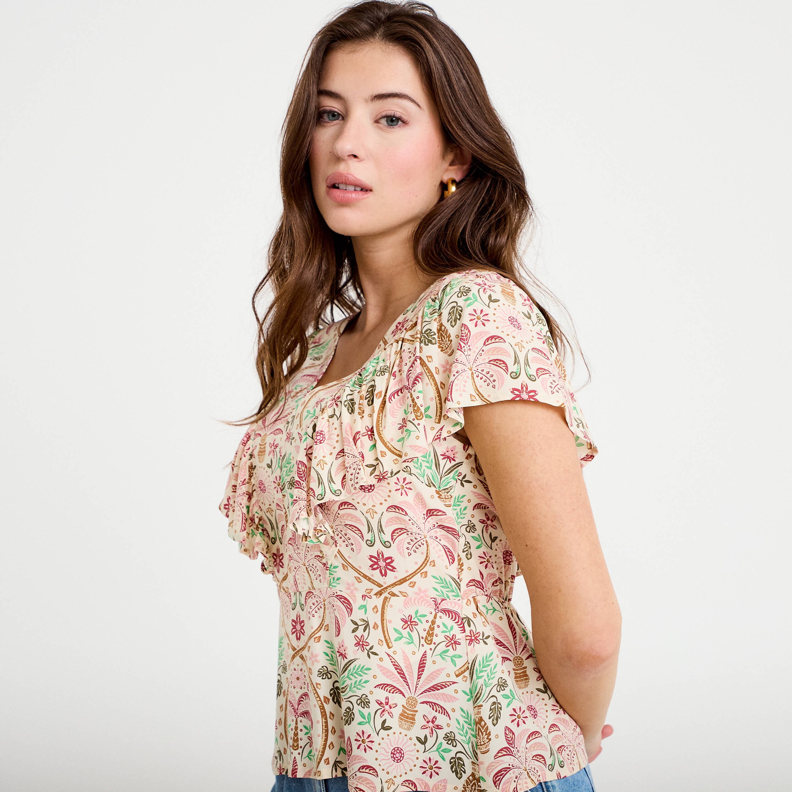 Blouse col v manches courtes blanc femme