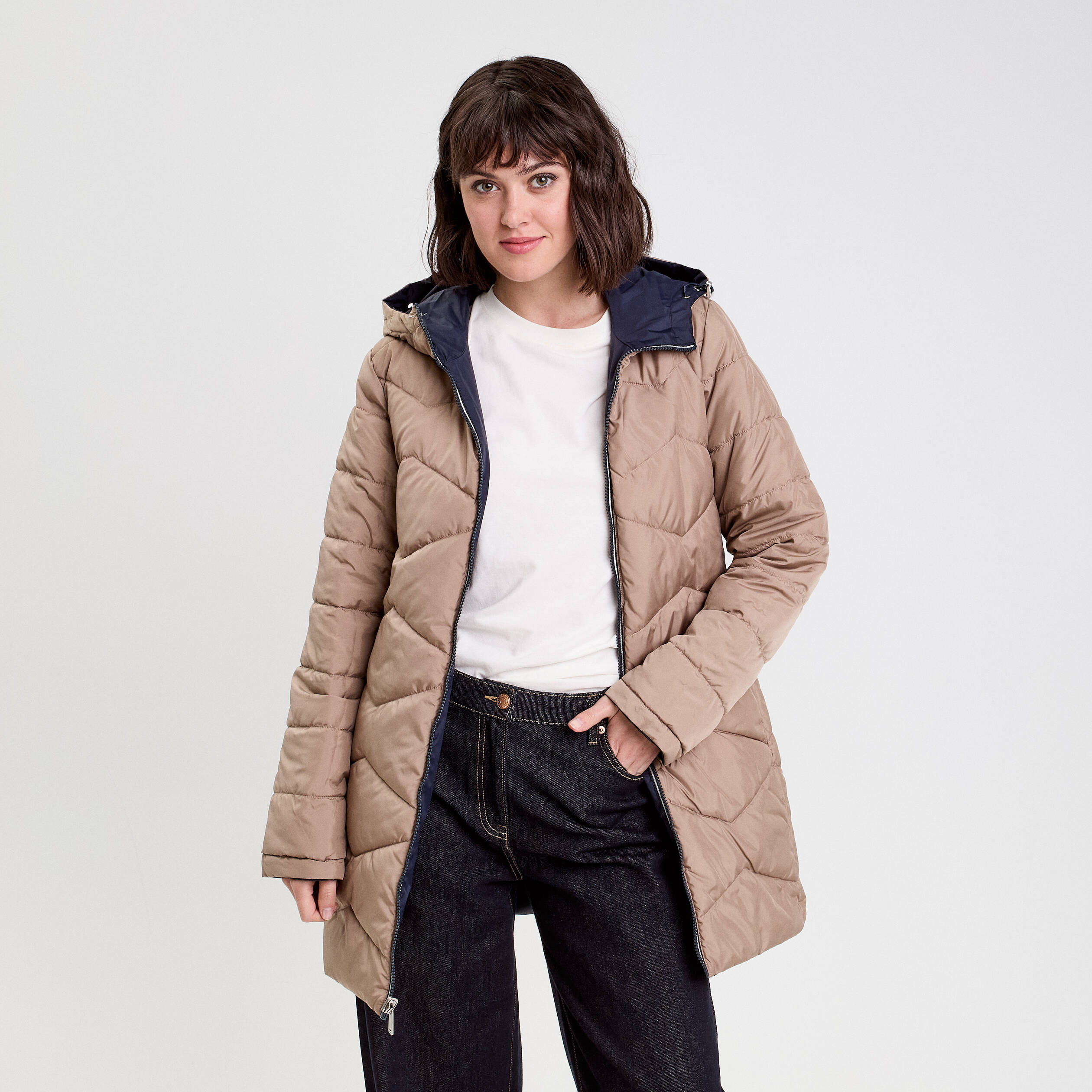 Parka &agrave; capuche r&eacute;versible bleu marine femme