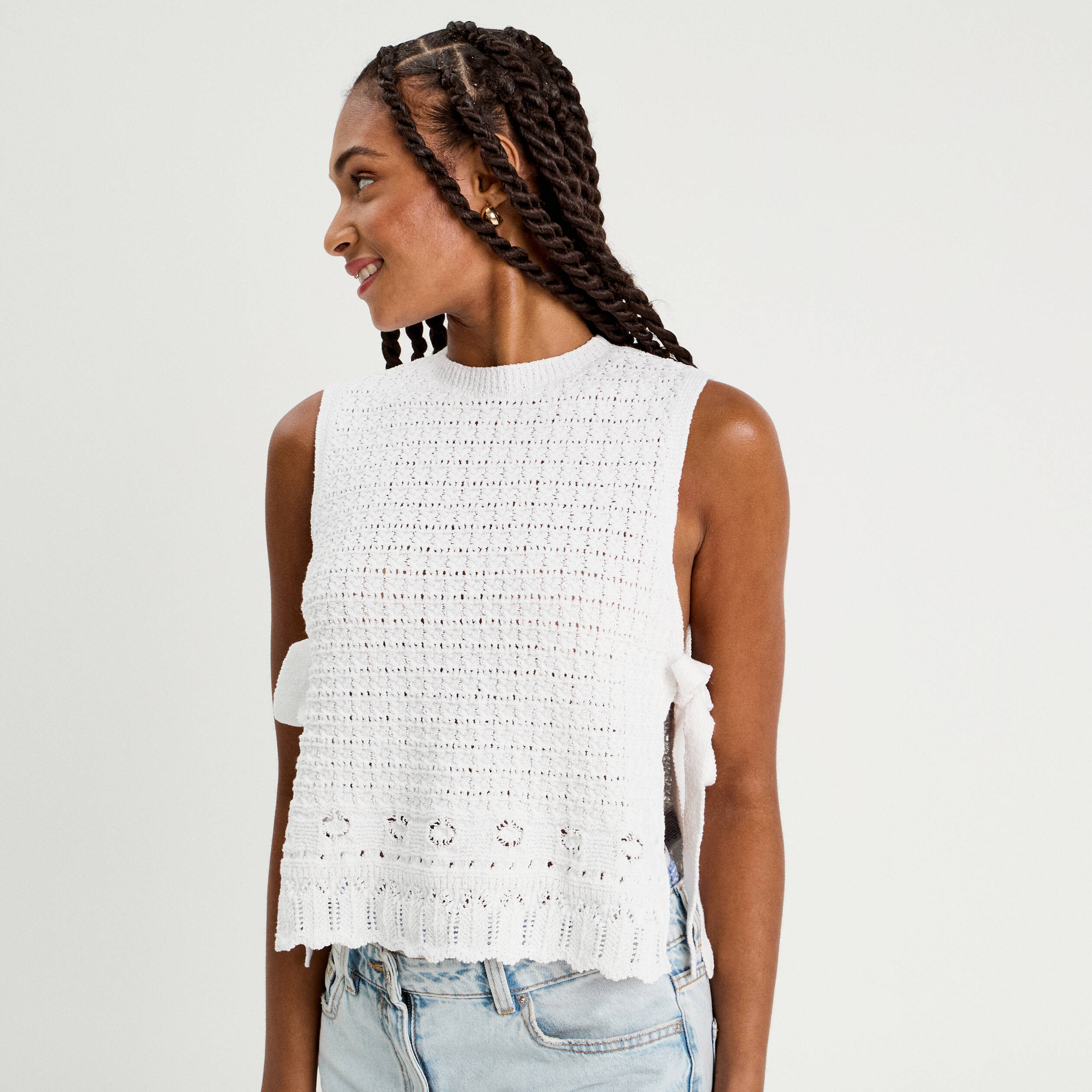 debardeur ajoure noue blanc femme Débardeur ajouré noué blanc femme
