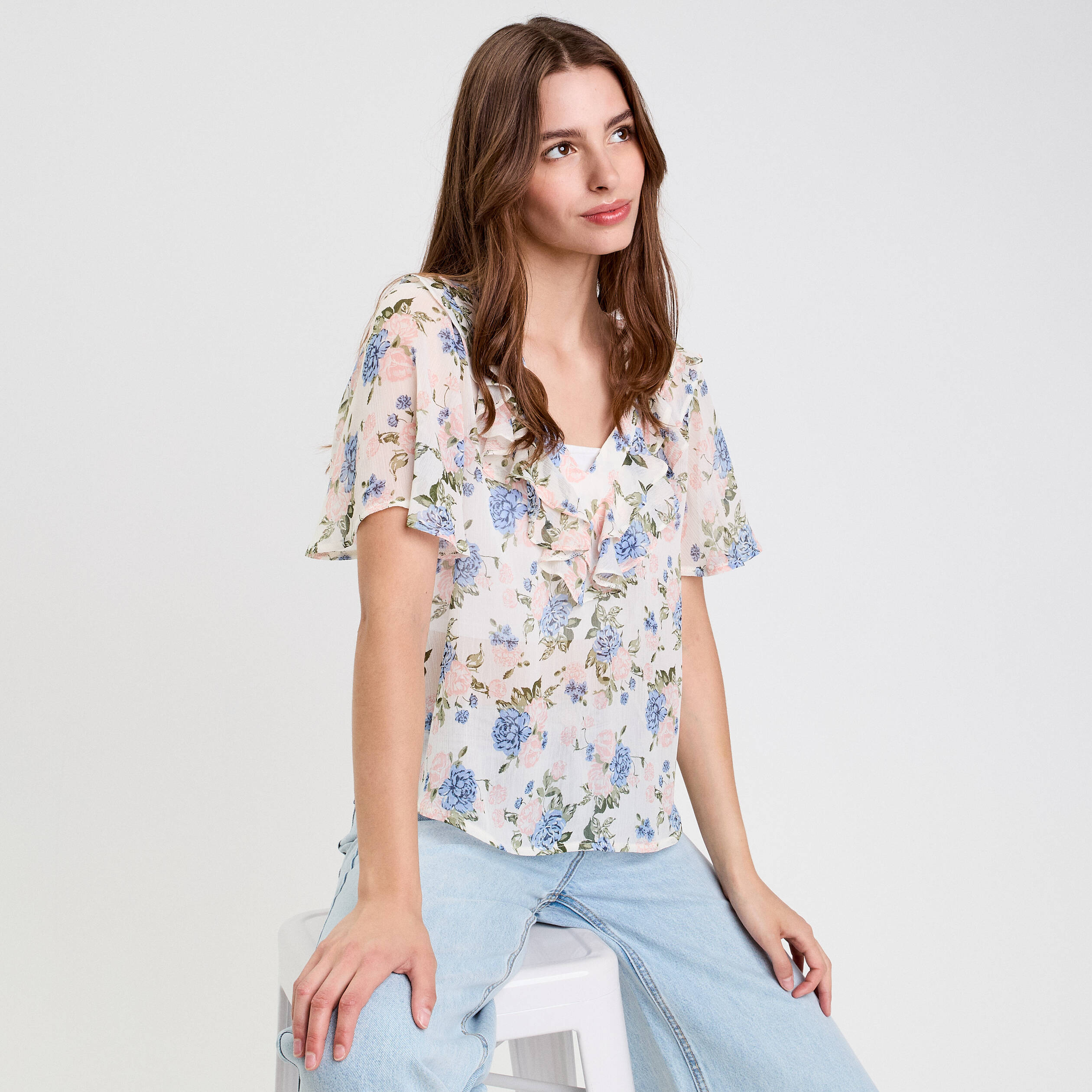 blouse droite courte col v blanc femme Blouse droite courte col V blanc femme