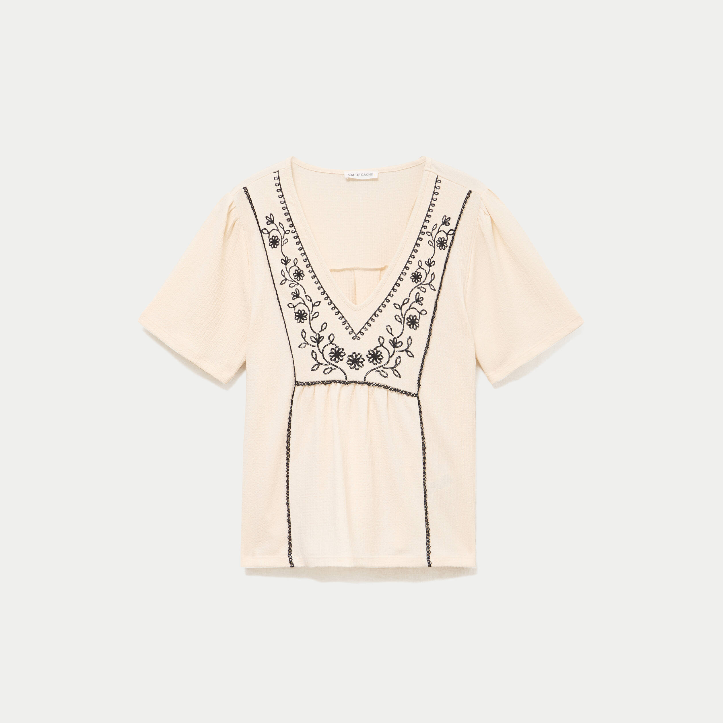 Blouse col v manches courtes ecru femme