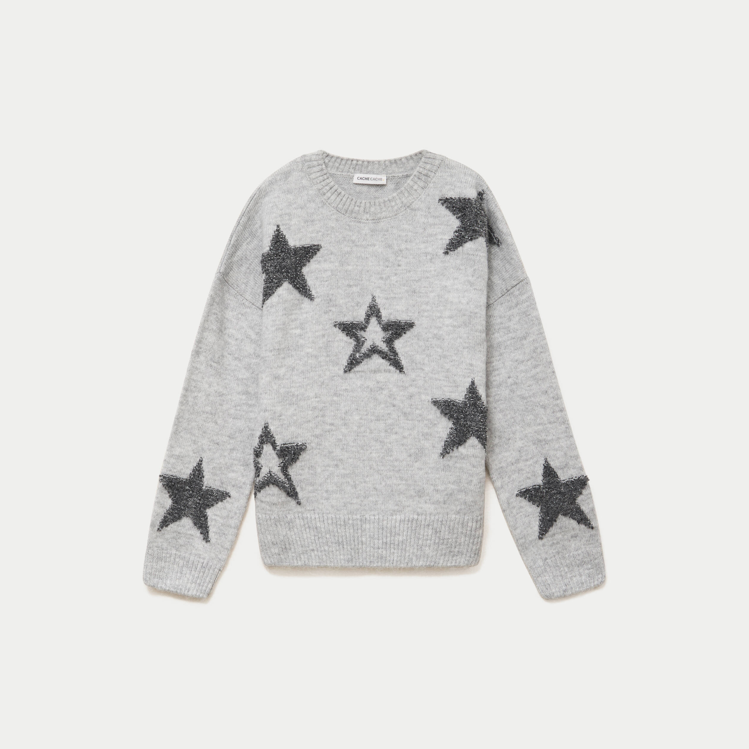Pull col rond manches longues gris clair femme