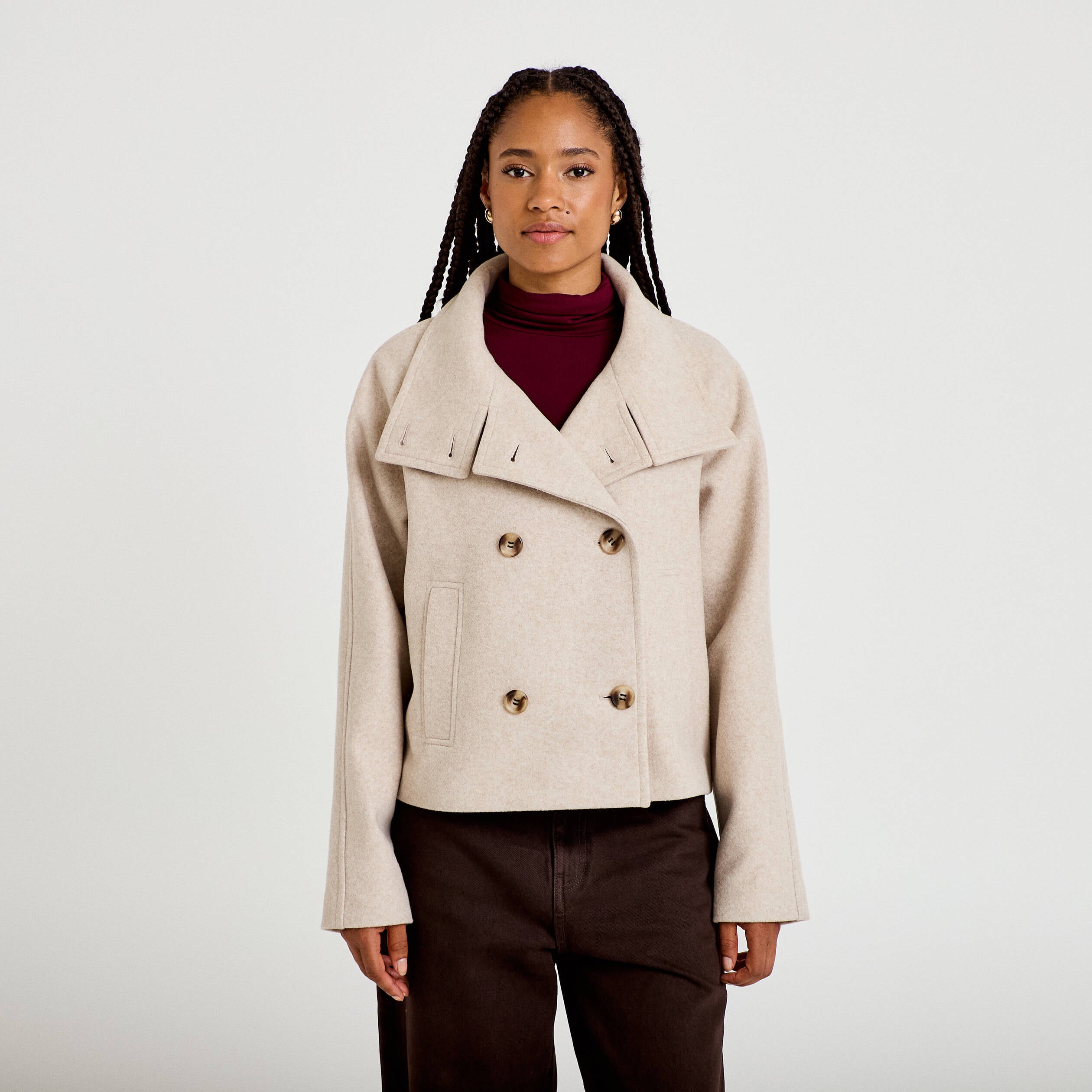 Caban court col montant beige femme
