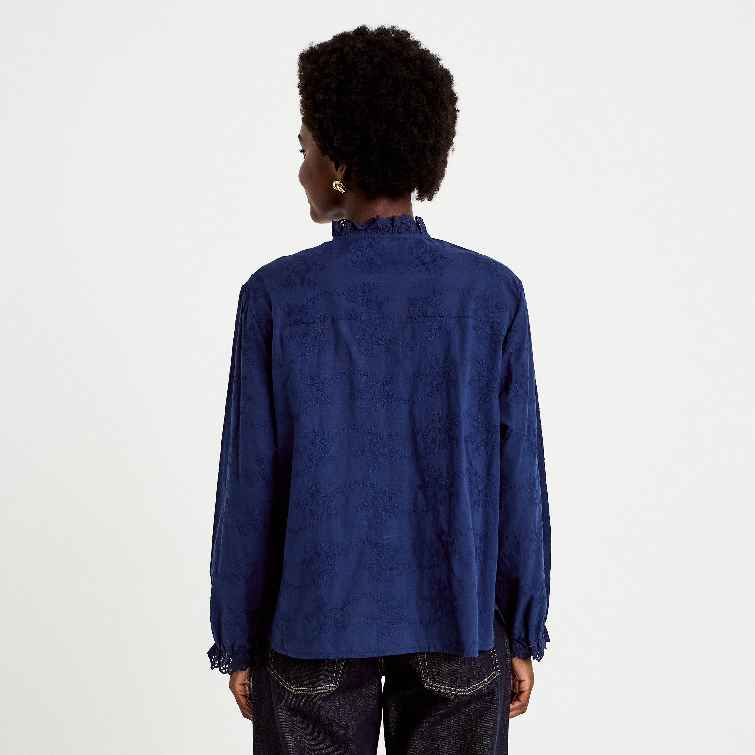 Blouse ample col montant manches longues bleu marine femme