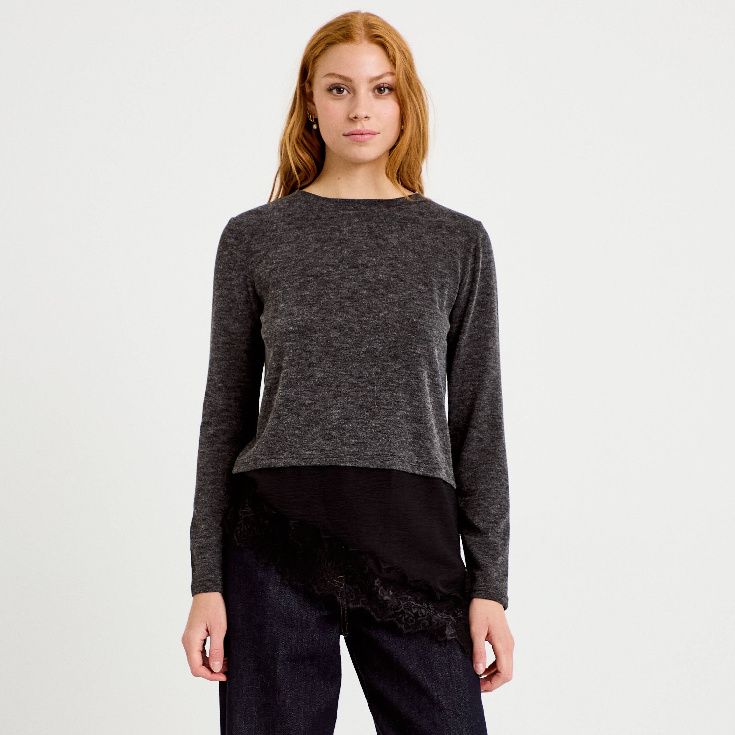Pull manches longues gris fonc&eacute; femme