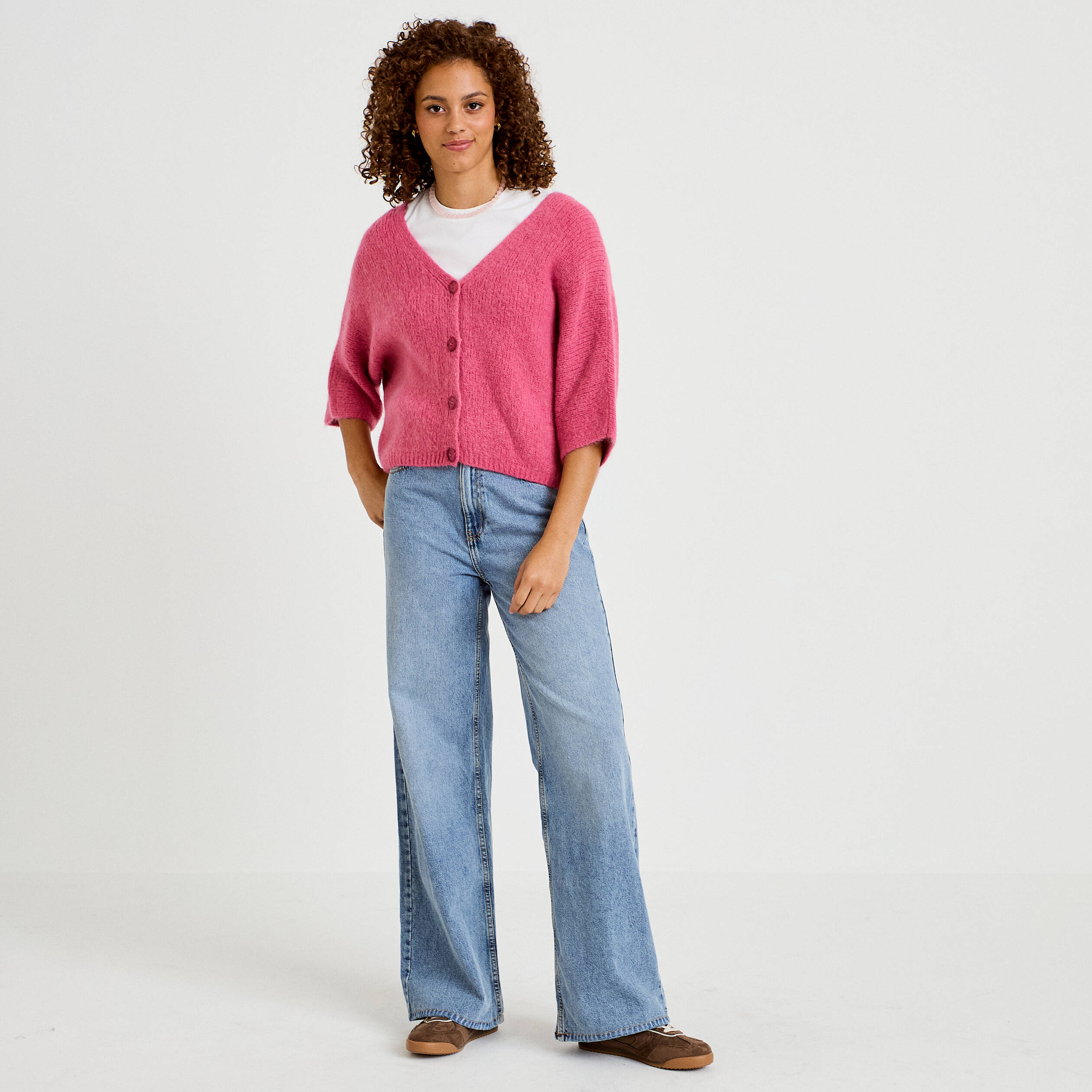 Gilet ample col v manches 3/4 vieux rose femme