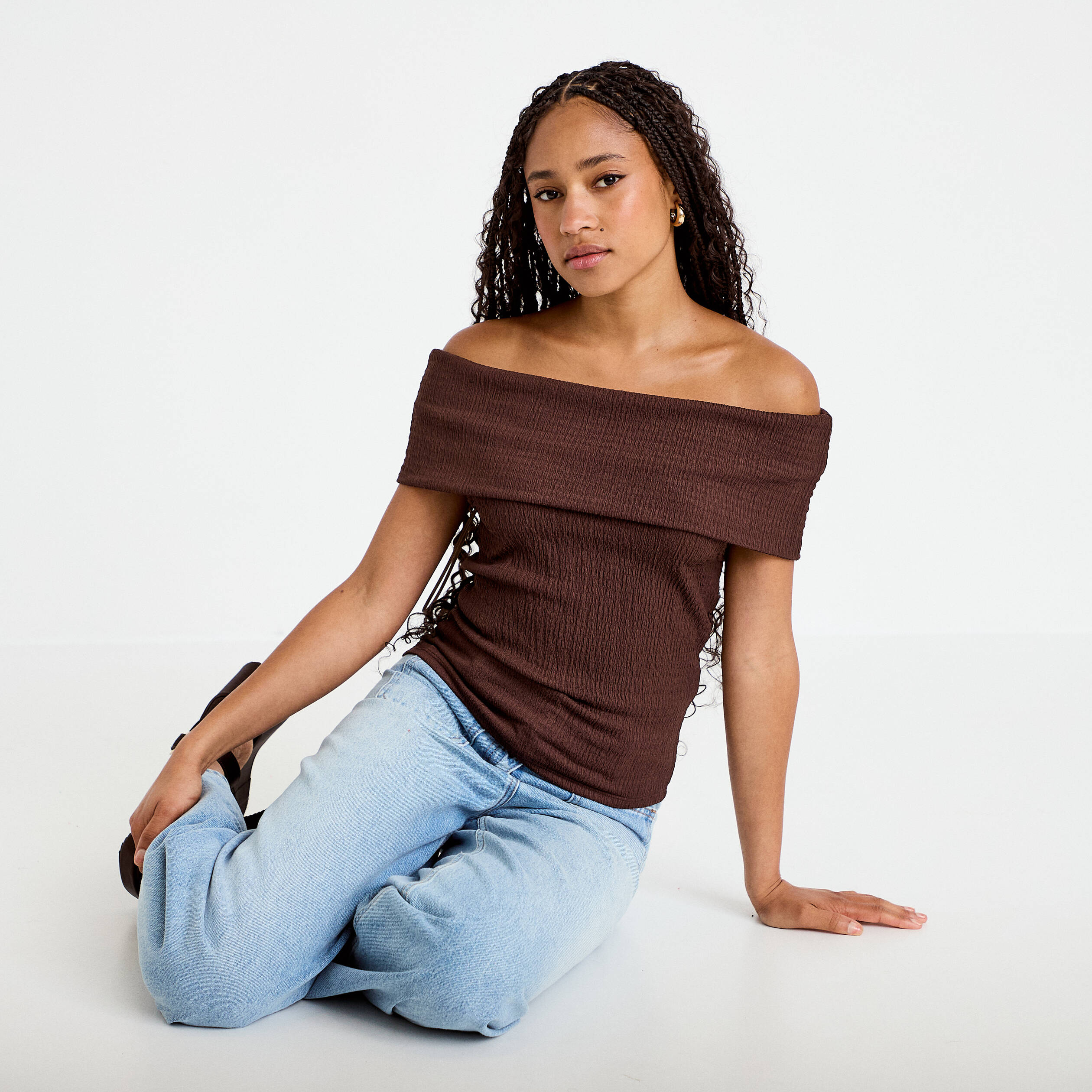 Top col bardot marron fonc&eacute; femme