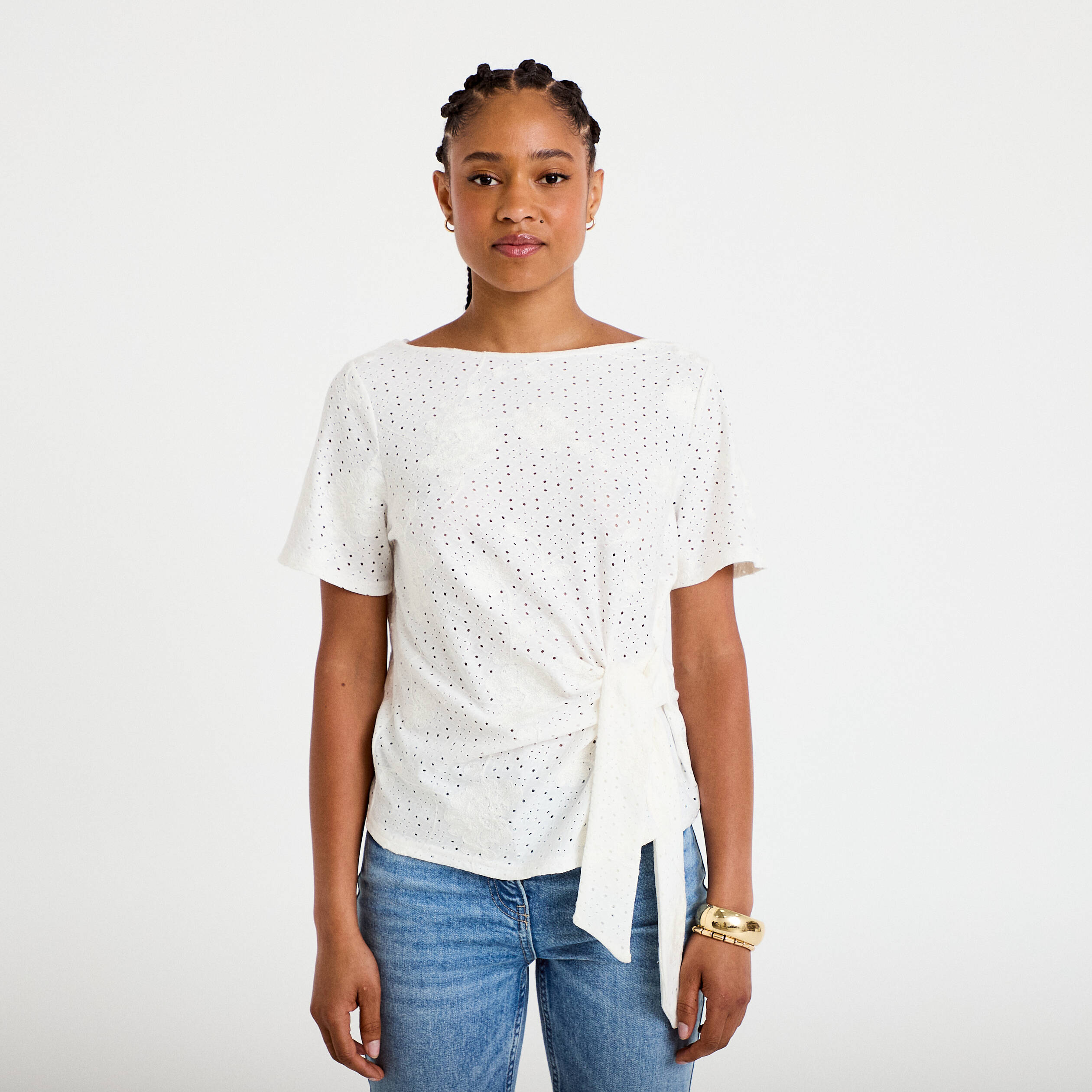 Blouse col v manches courtes ecru femme