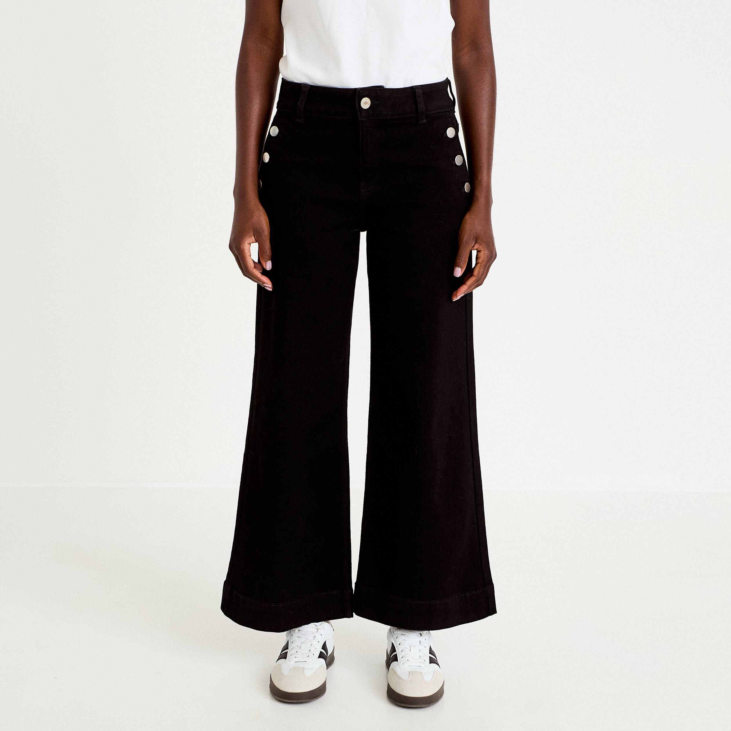 Jean wide leg cropped taille haute denim noir femme