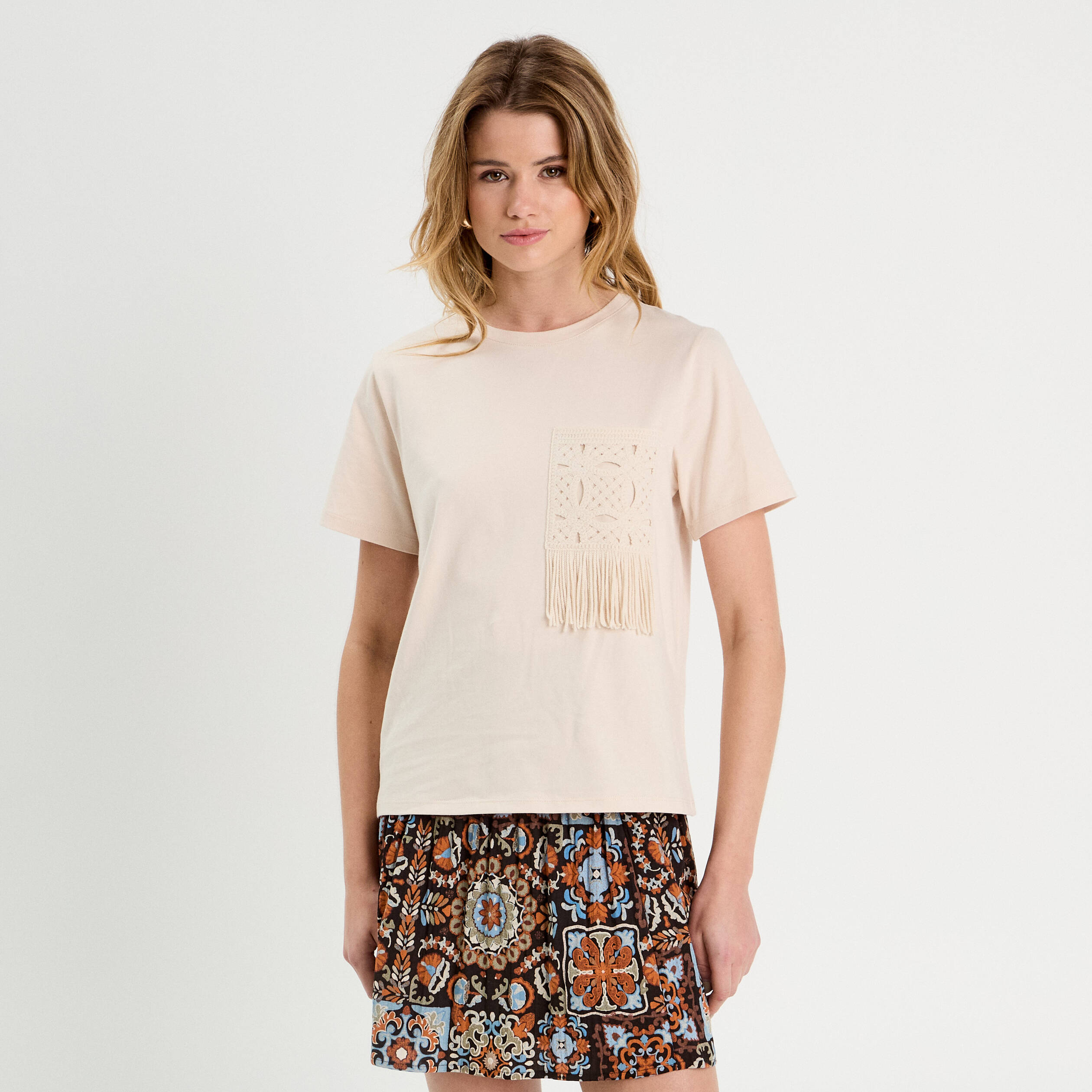 T-shirt poche effet crochet beige femme