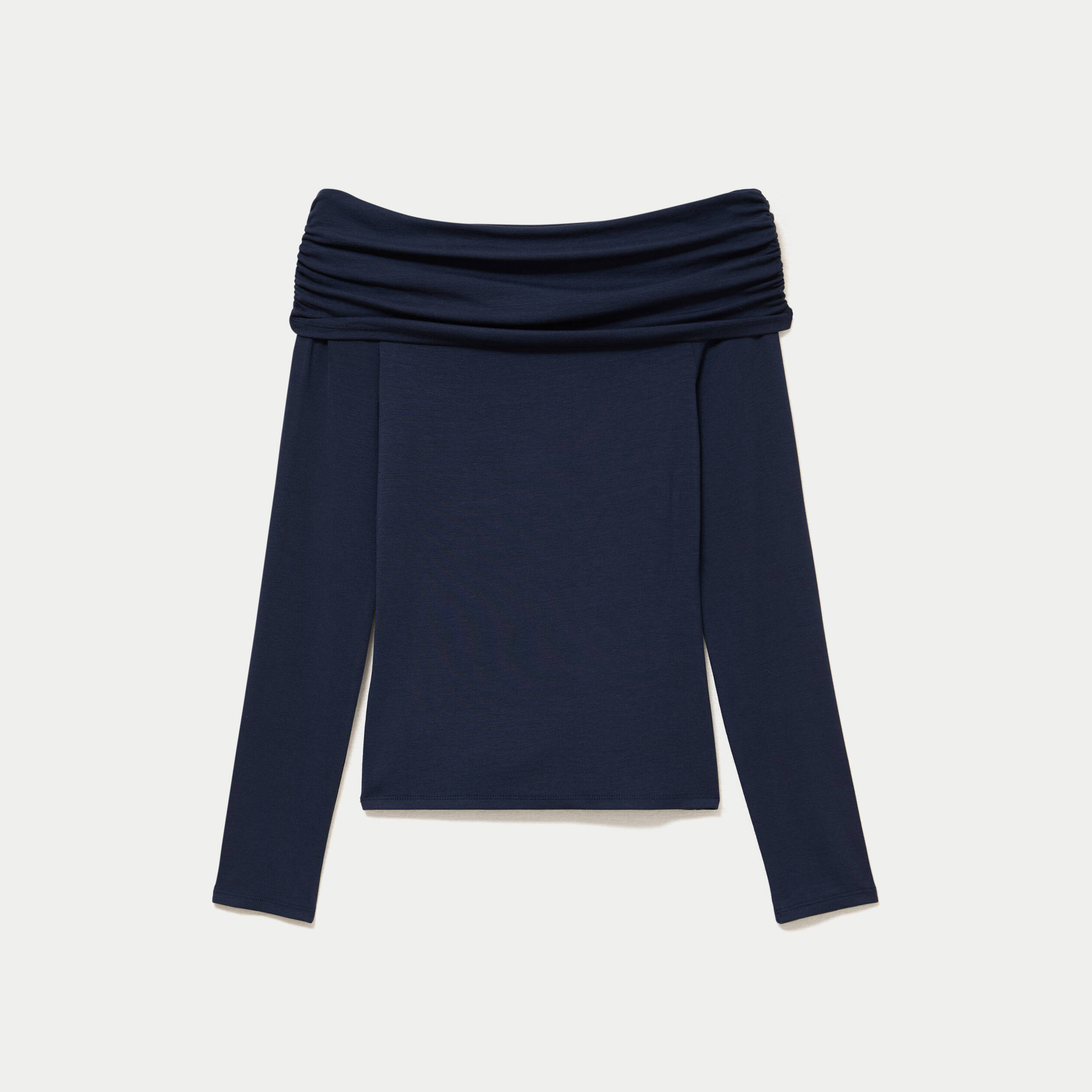 T-shirt col bardot manches longues bleu marine femme