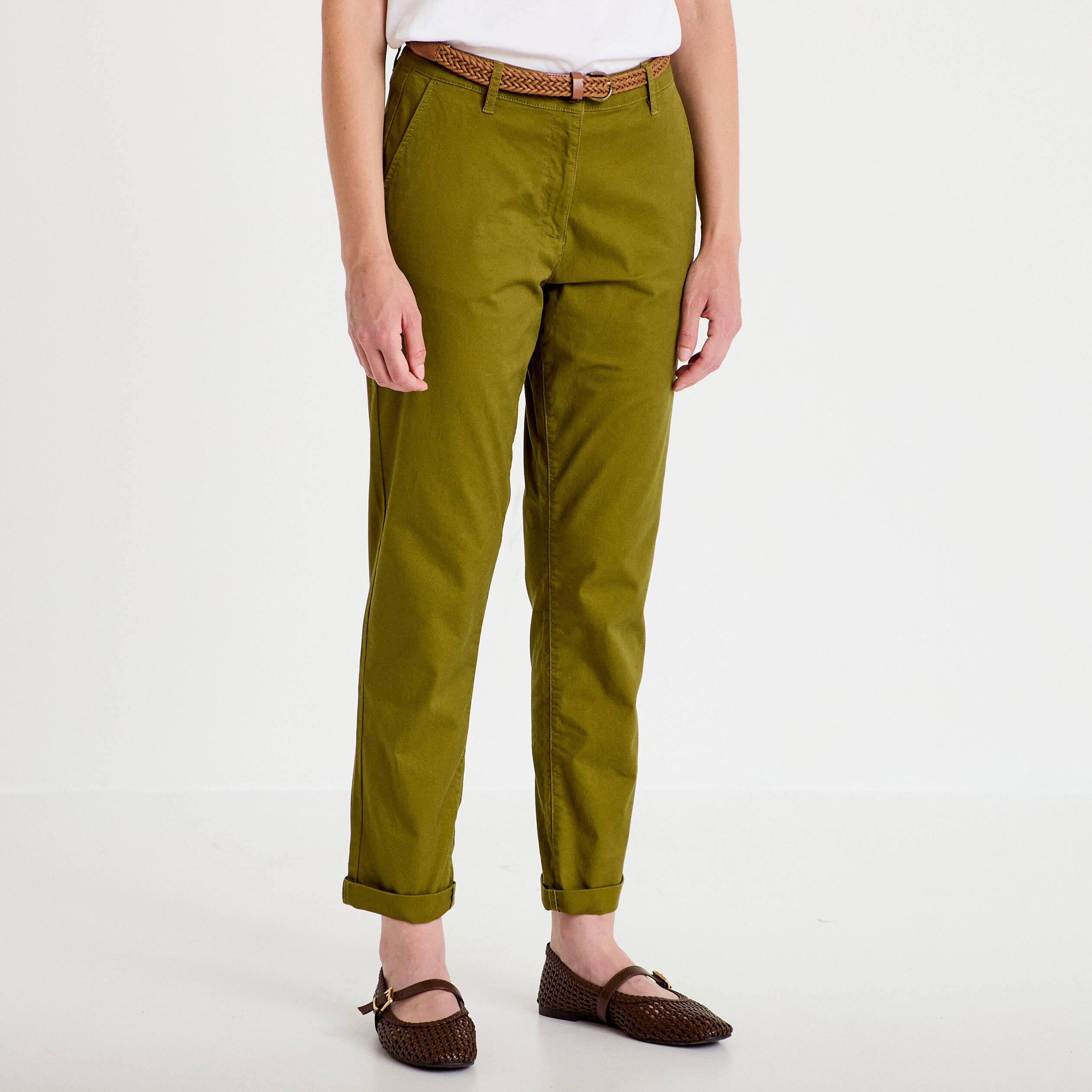 Pantalon chino 7/8&egrave;me vert kaki femme