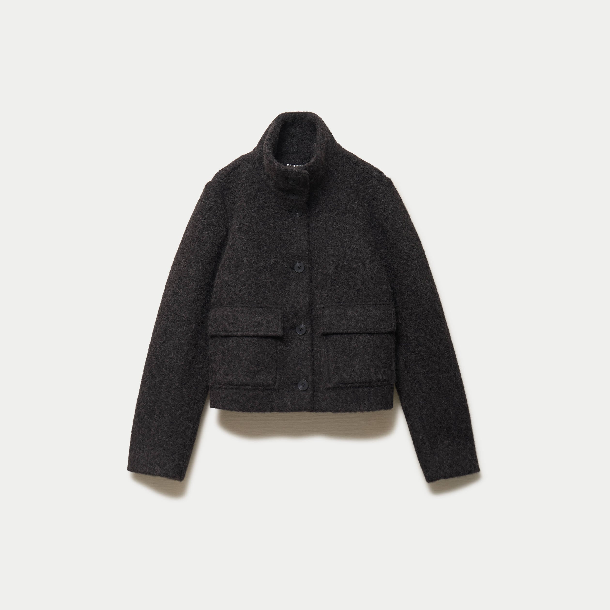 Veste droite bouclette col montant gris fonc&eacute; femme