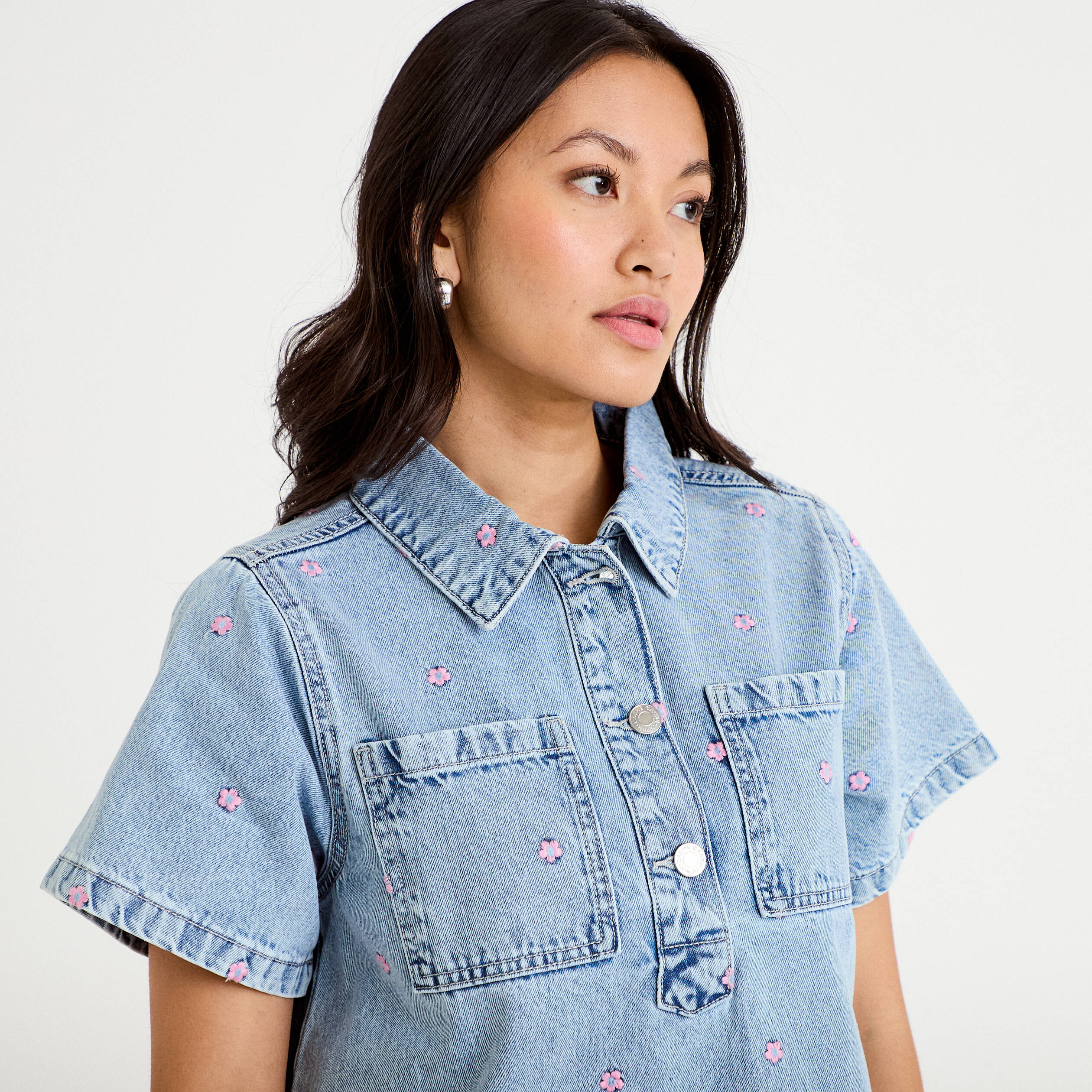 Robe en jean brod&eacute;e bleu fonc&eacute; femme