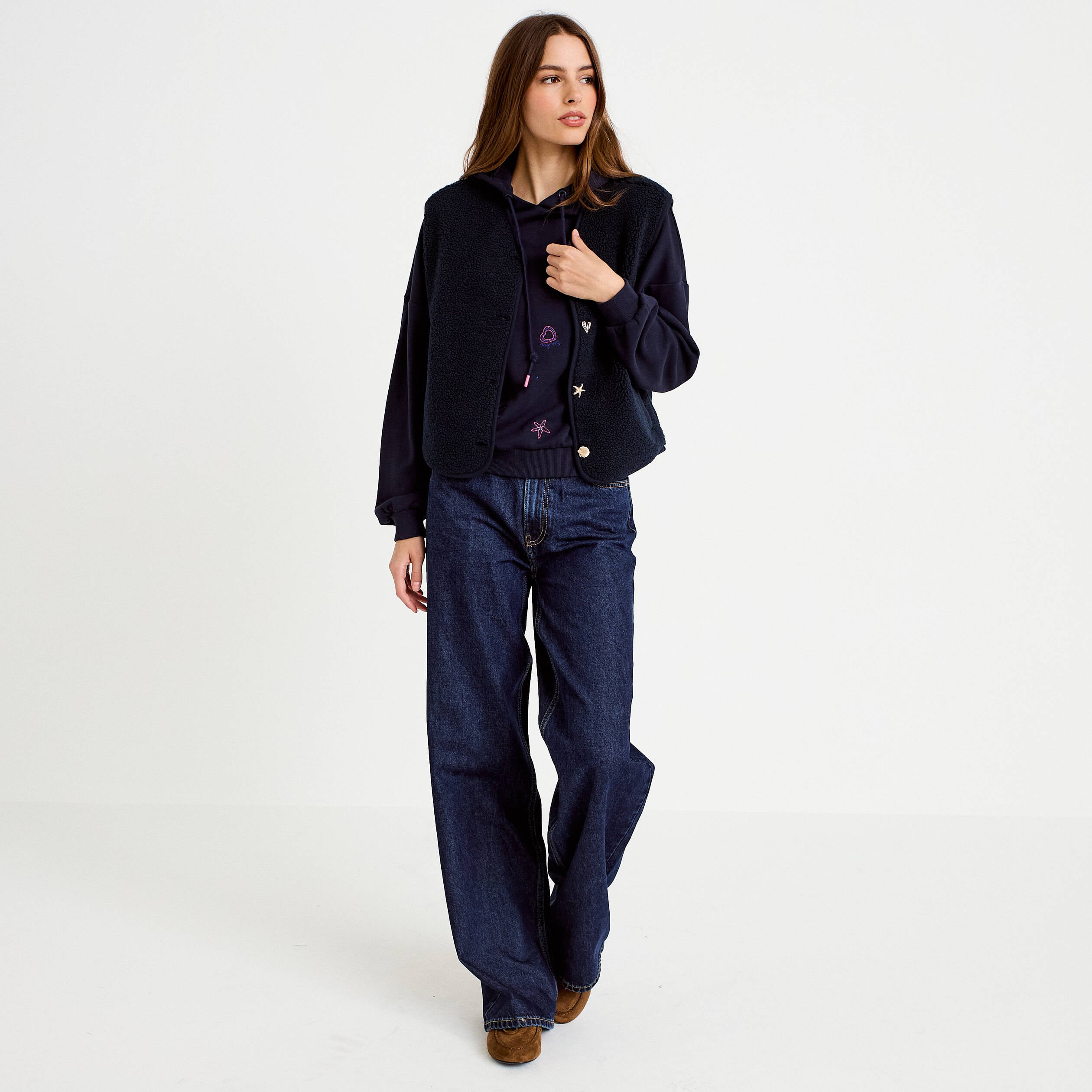 Gilet sans manches effet polaire col v bleu marine femme