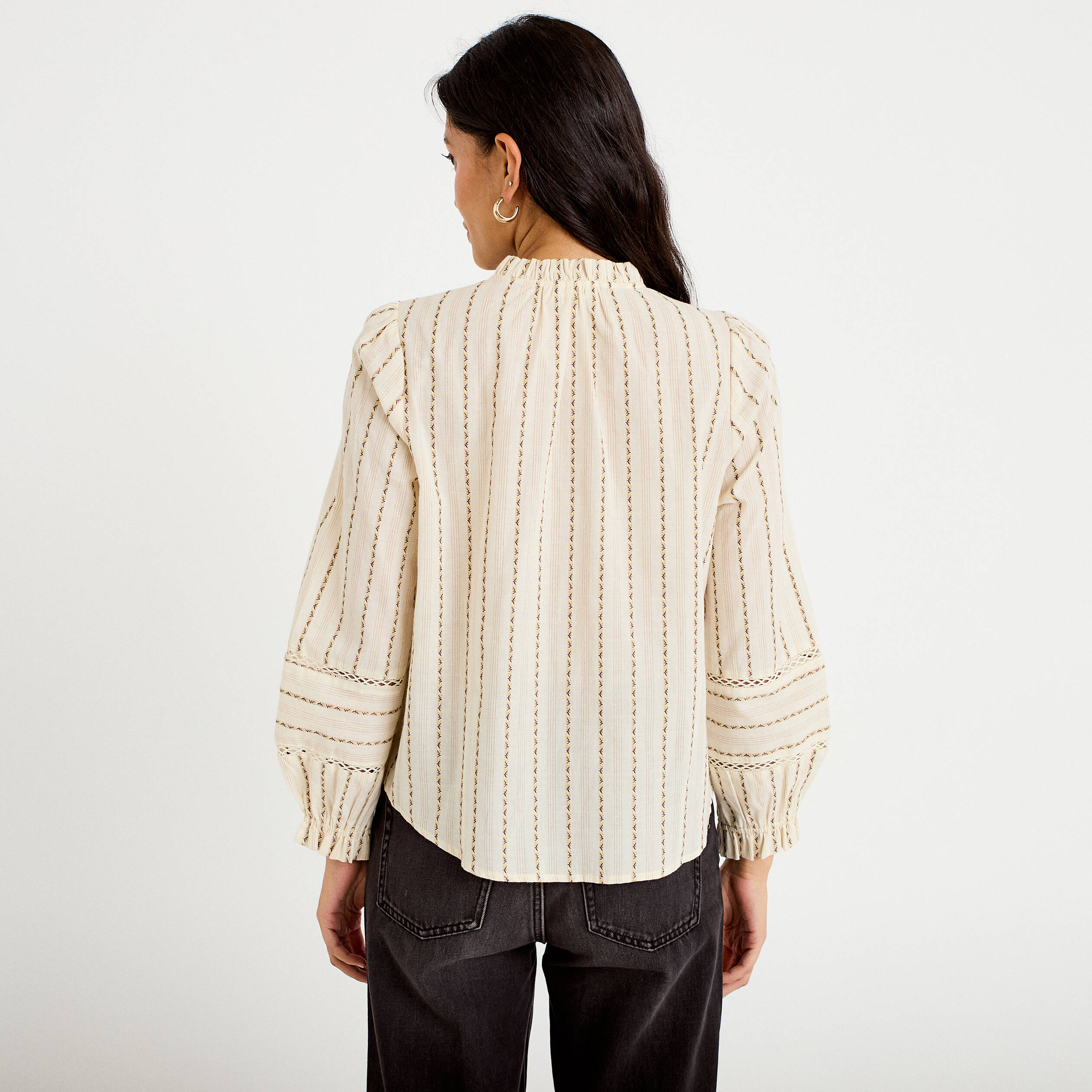 Blouse ajour&eacute;e manches longues marron femme