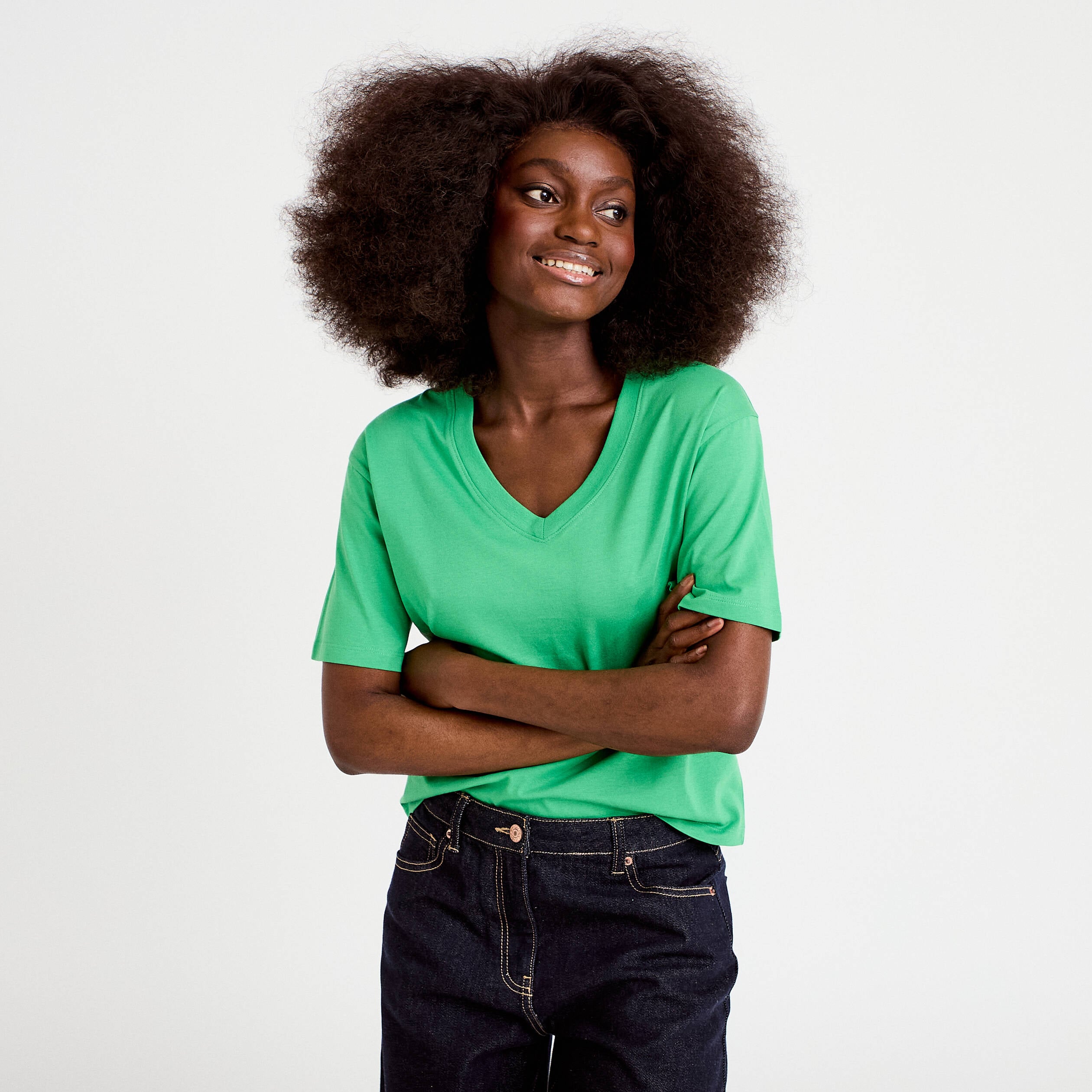 T-shirt col v manches courtes vert femme