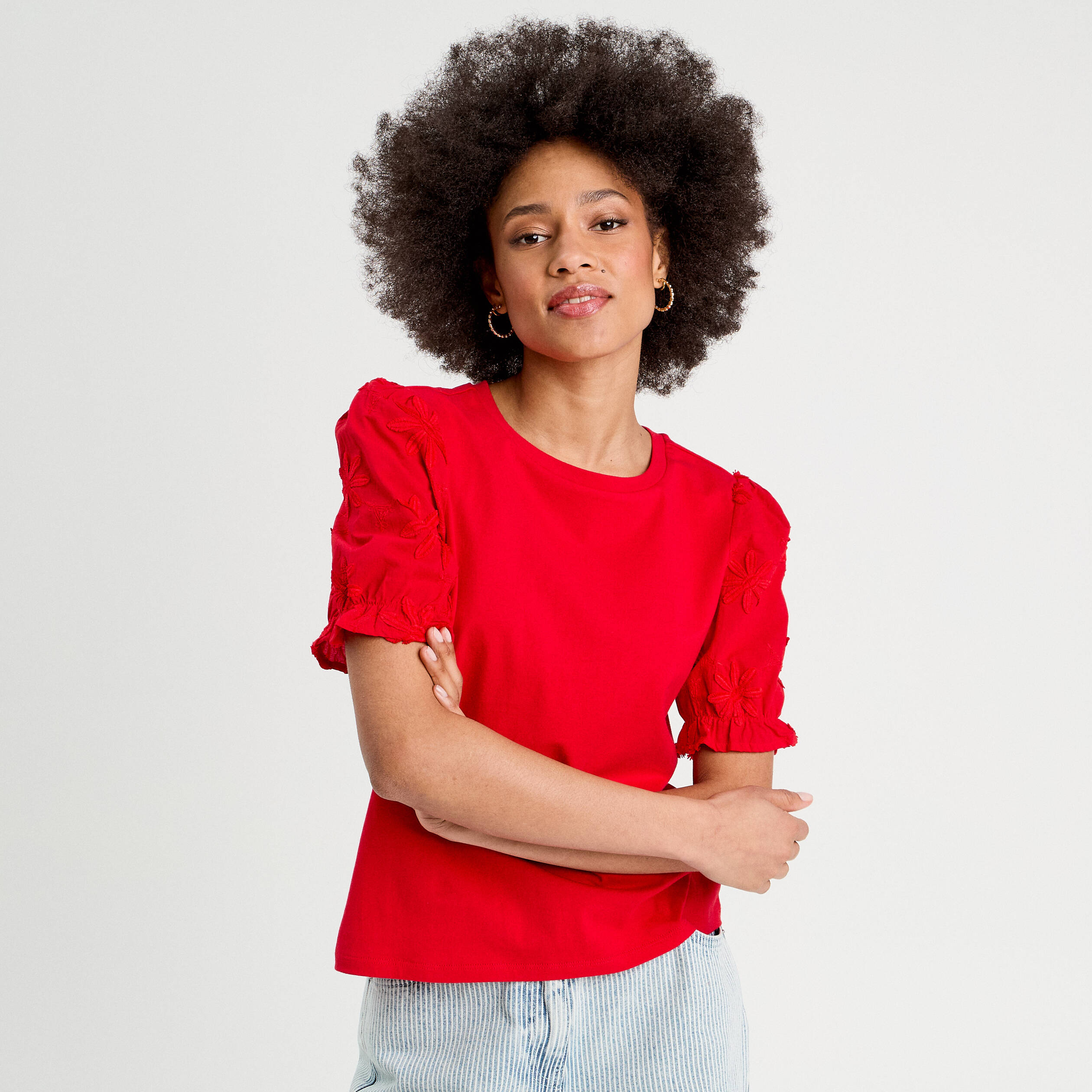 t shirt manches brodees rouge femme T-shirt manches brodées rouge femme