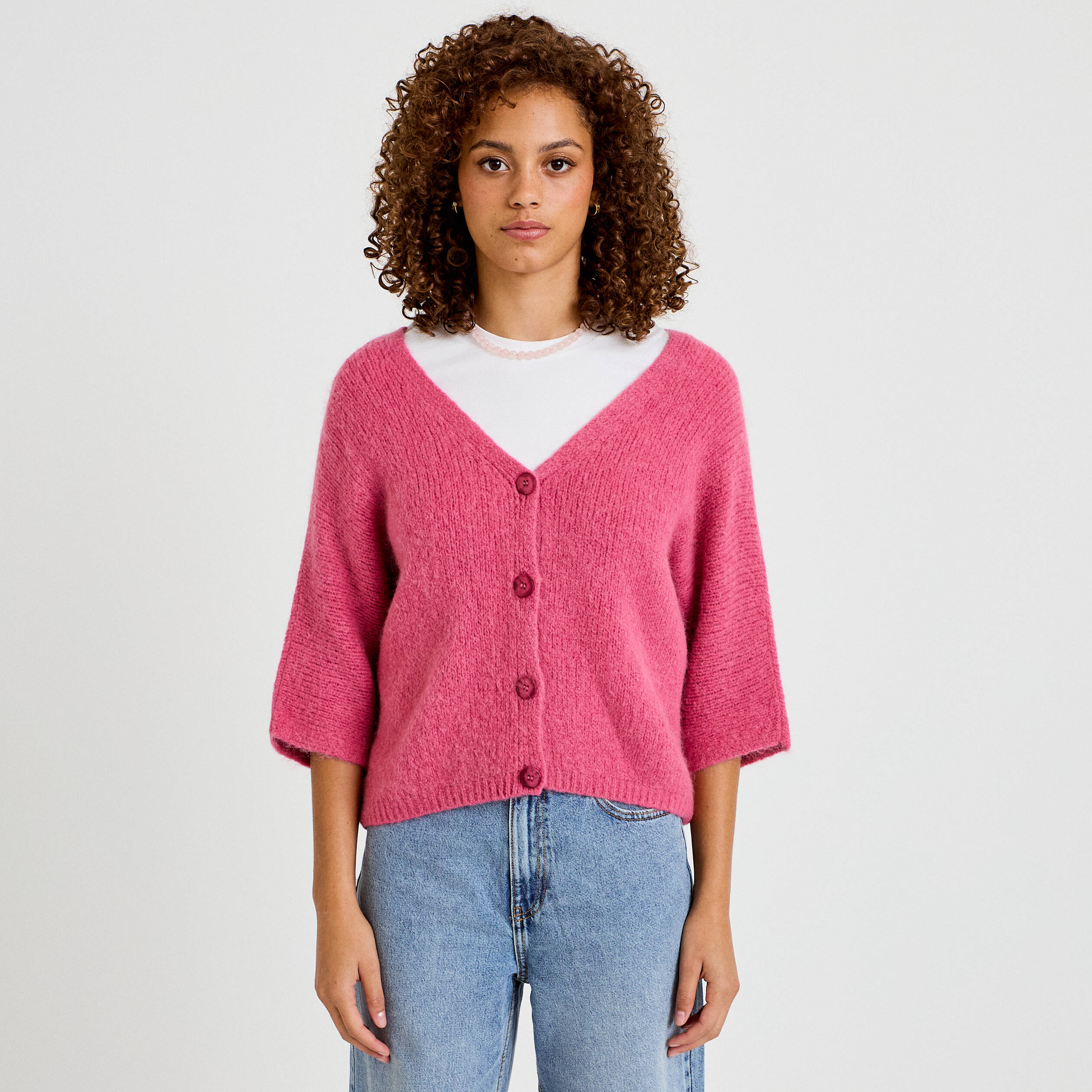 Gilet ample col v manches 3/4 vieux rose femme