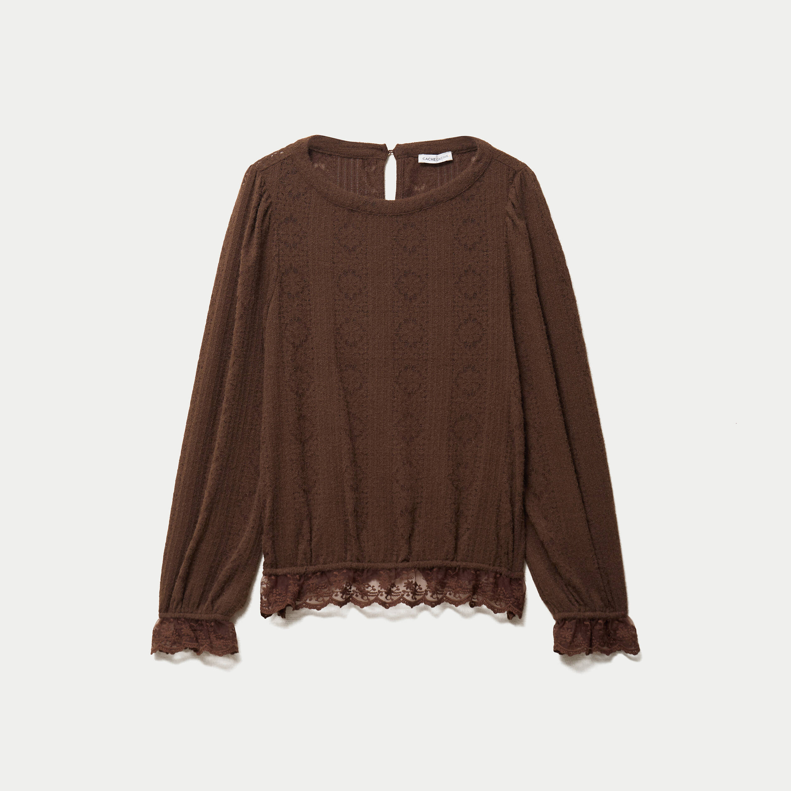Top droit manches longues col montant marron fonc&eacute; femme