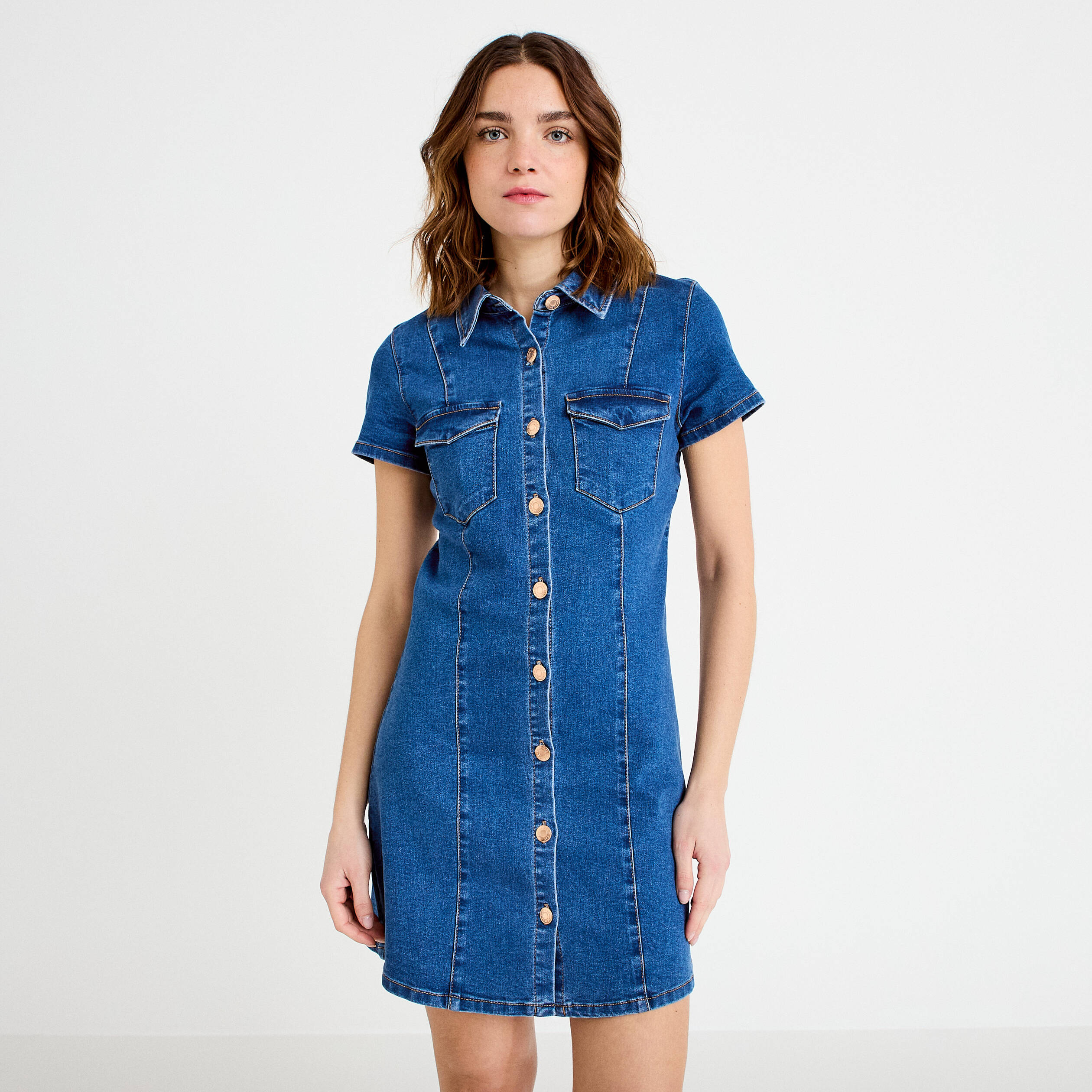 Robe trap&egrave;ze courte en jean col chemise denim double stone femme