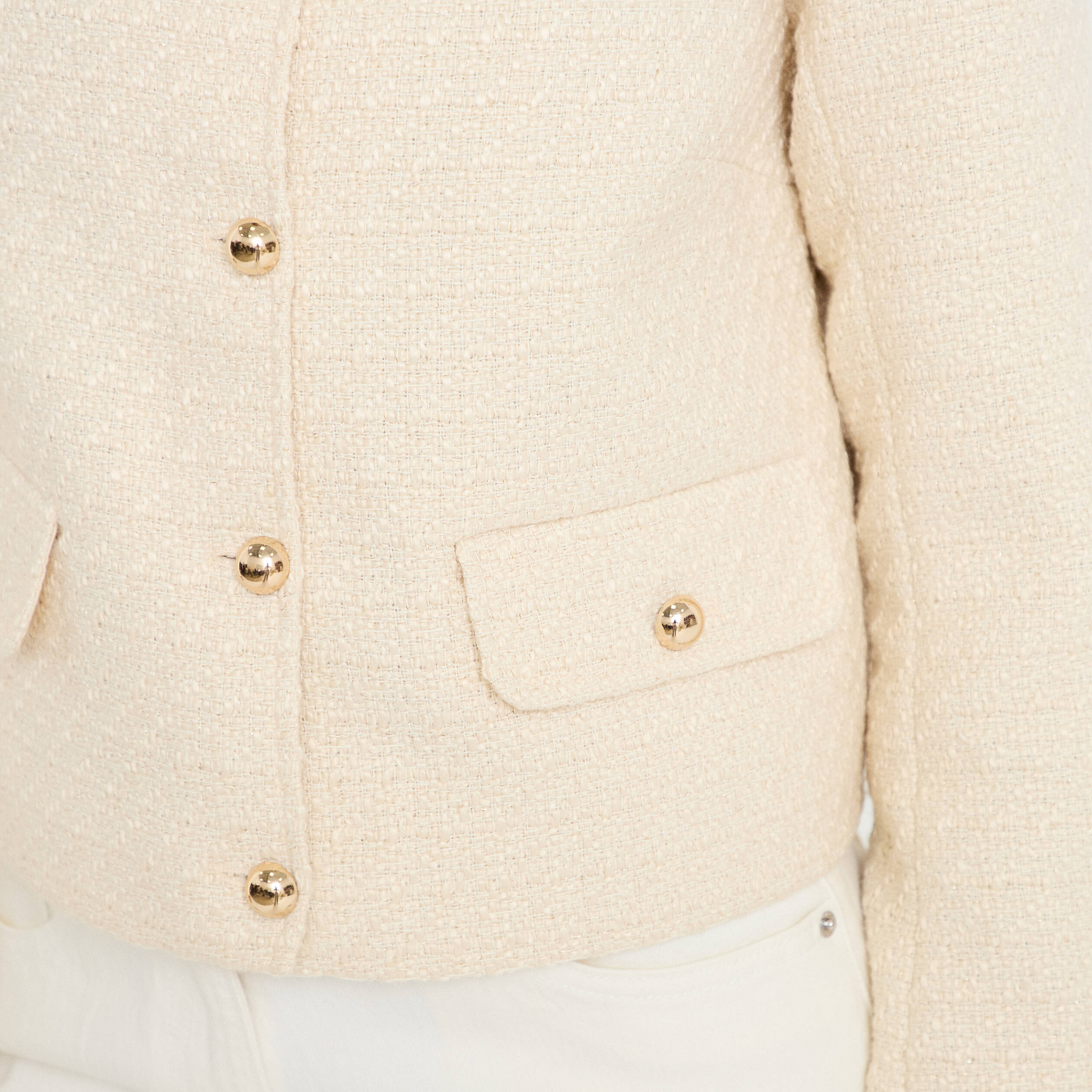 Veste tweed cintr&eacute;e col mao ecru femme