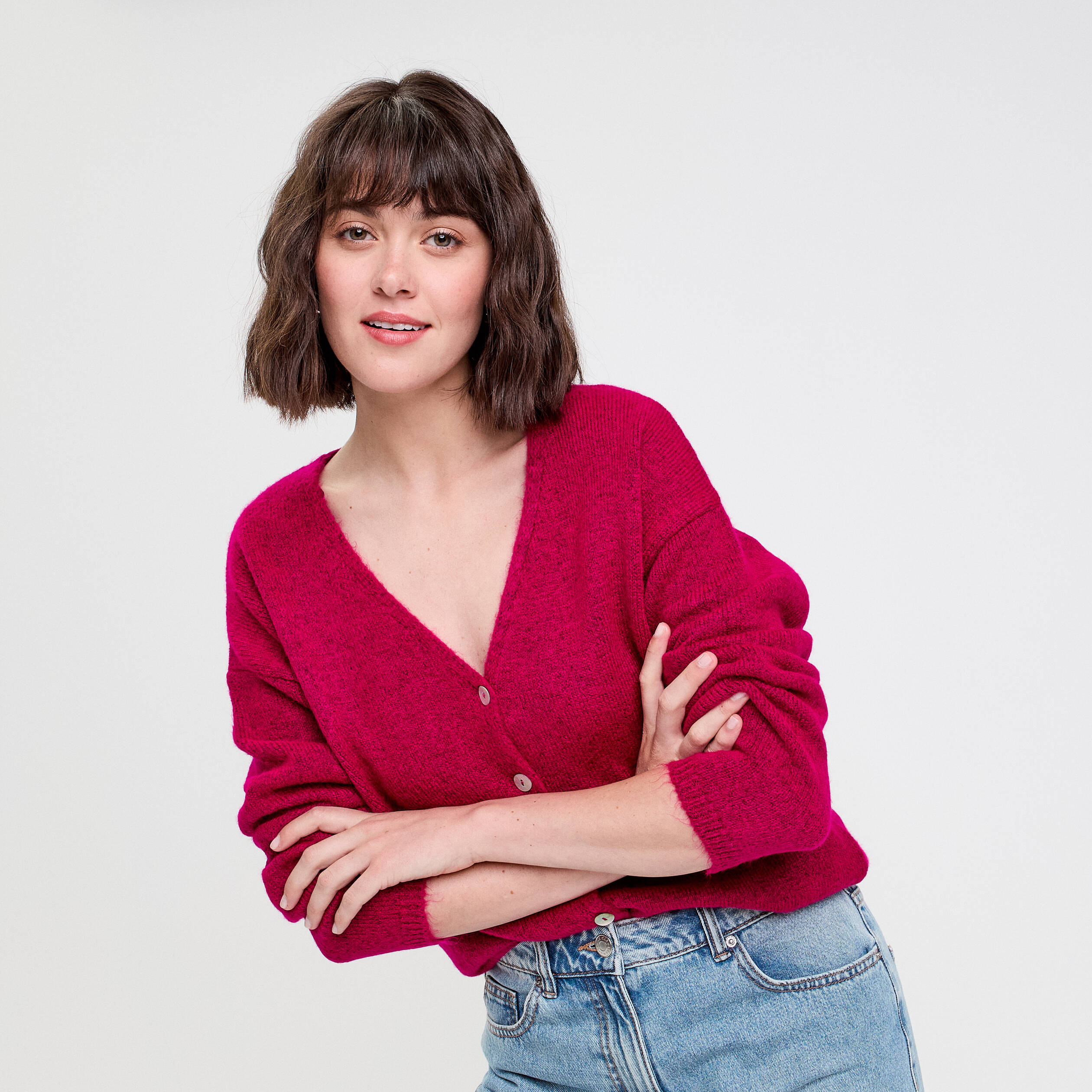 Gilet boutonné avec col en V rose fushia femme Vibs