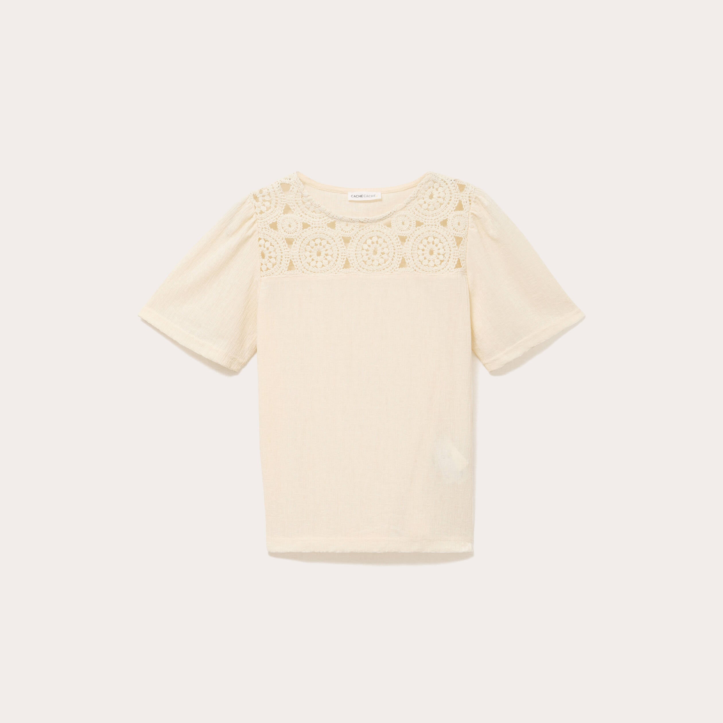 T-shirt manches courtes aspect dentelle ecru femme