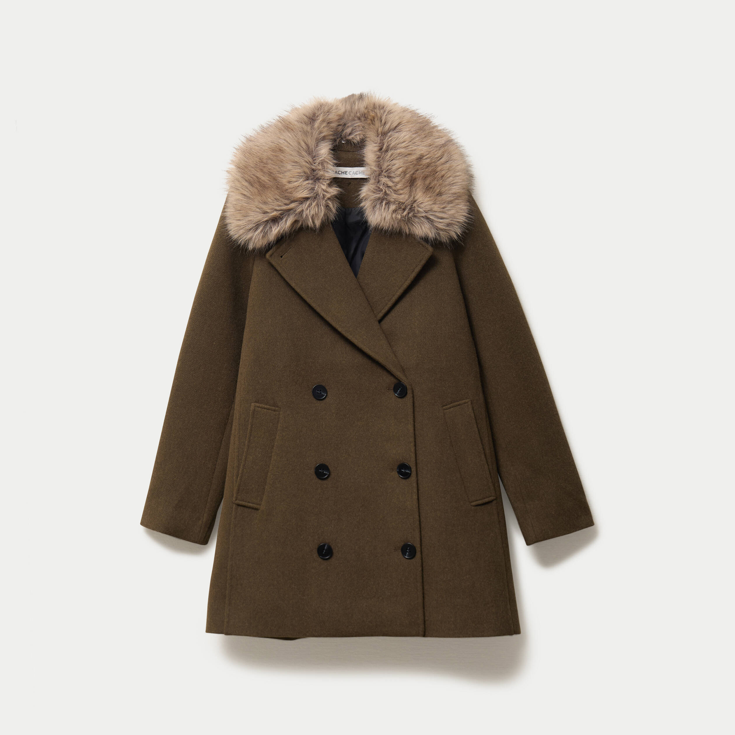 Manteau droit mi-long col tailleur vert kaki femme