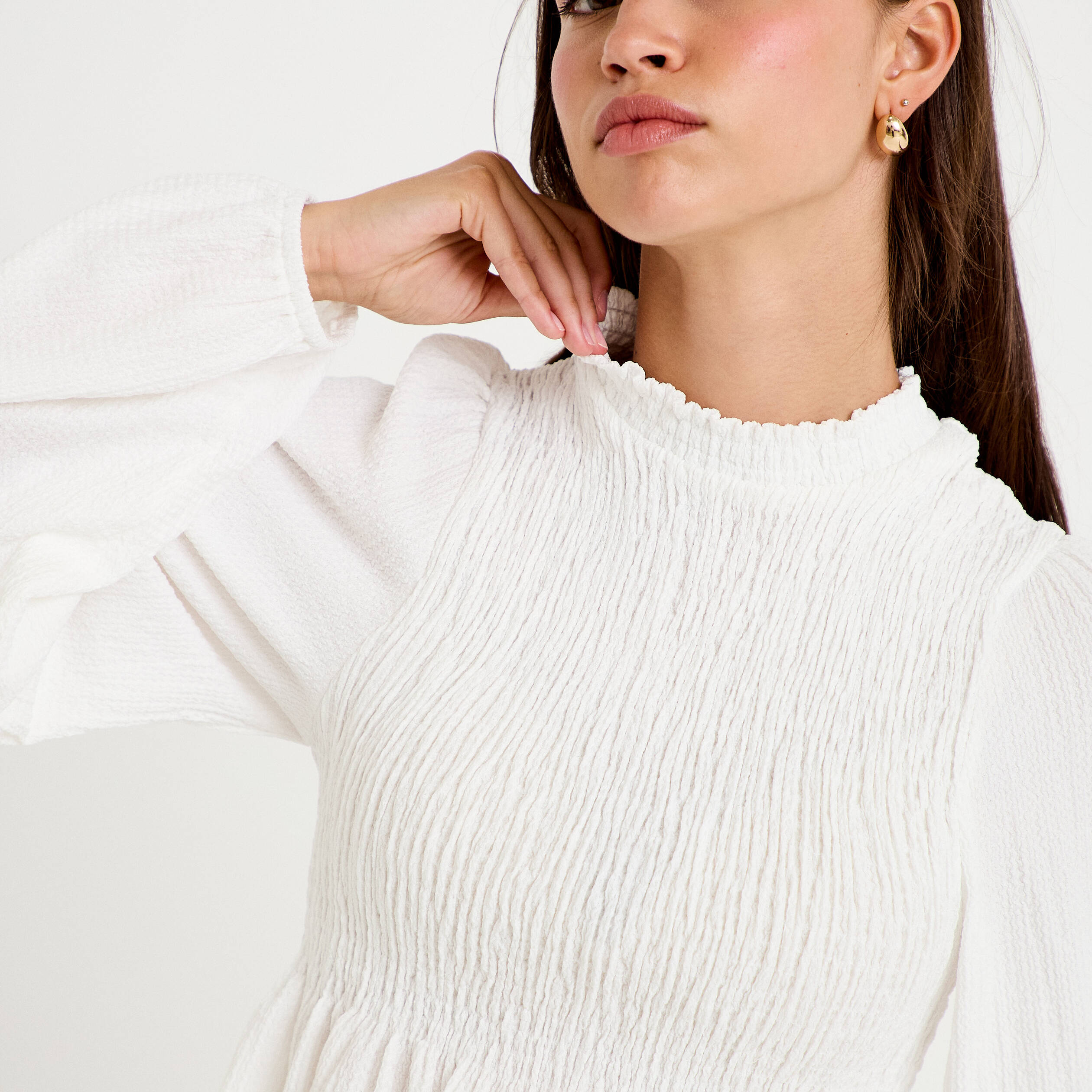 Blouse droite manches longues pliss&eacute;e ecru femme