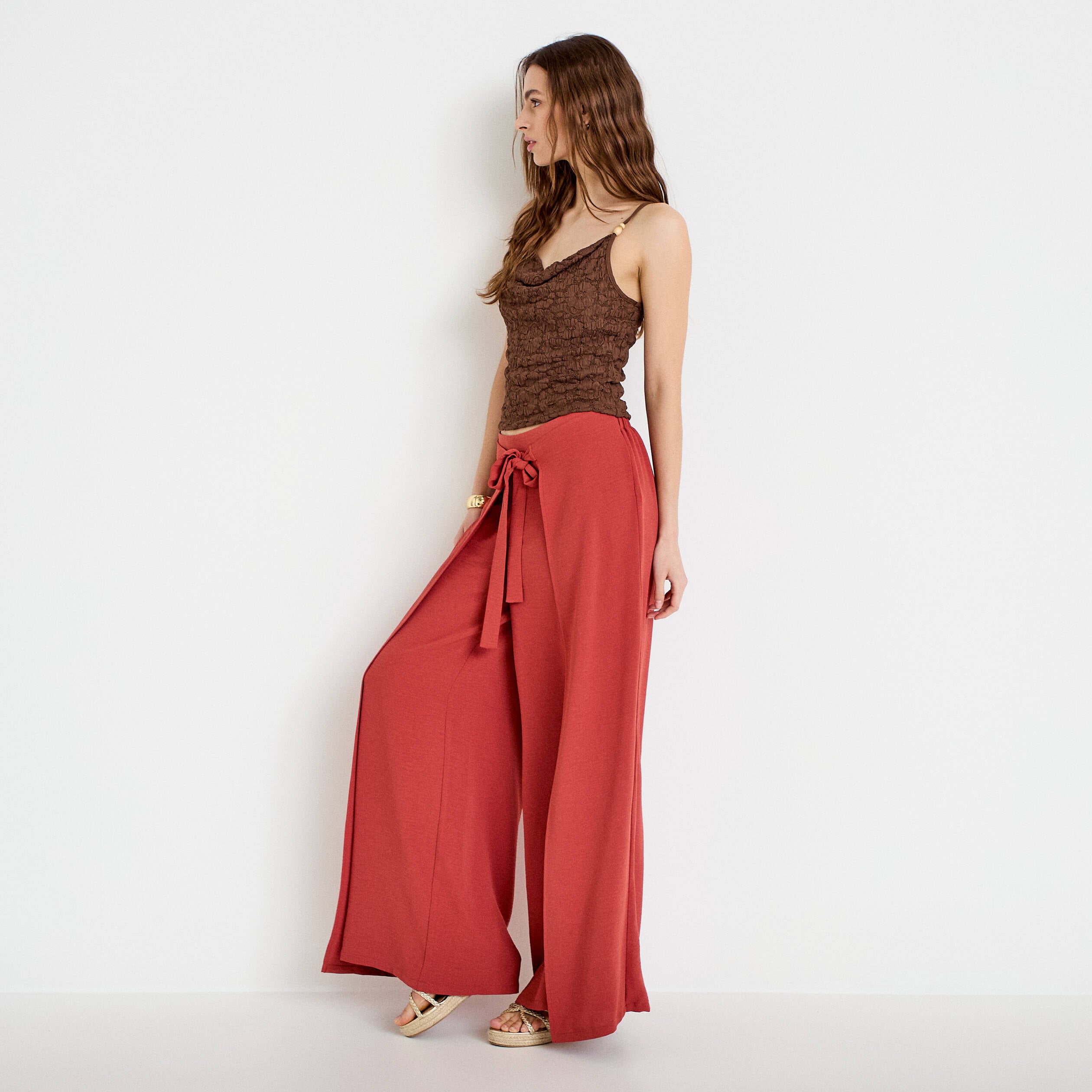 Pantalon large taille haute fluide vieux rose femme