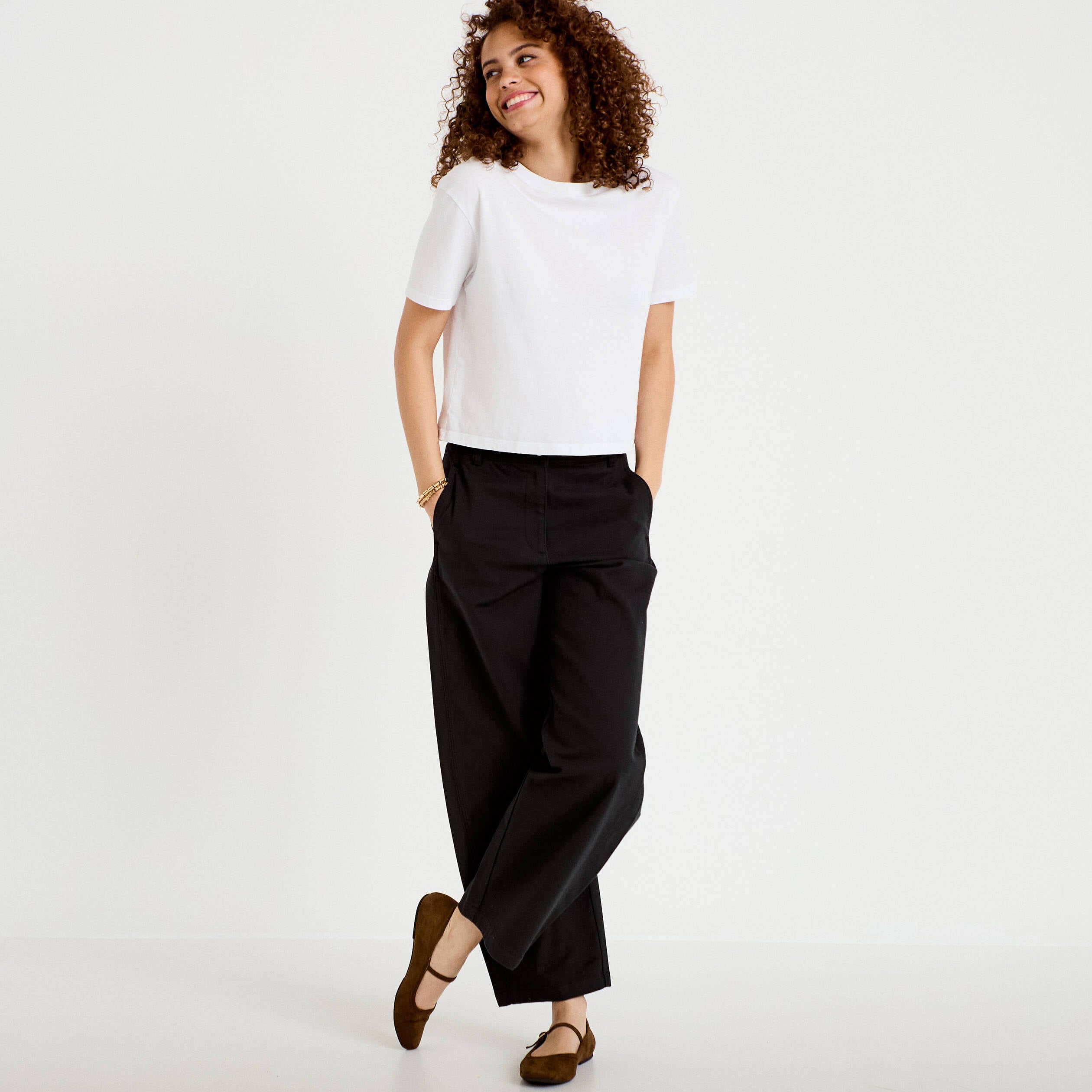 Pantalon chino coupe barrel noir femme