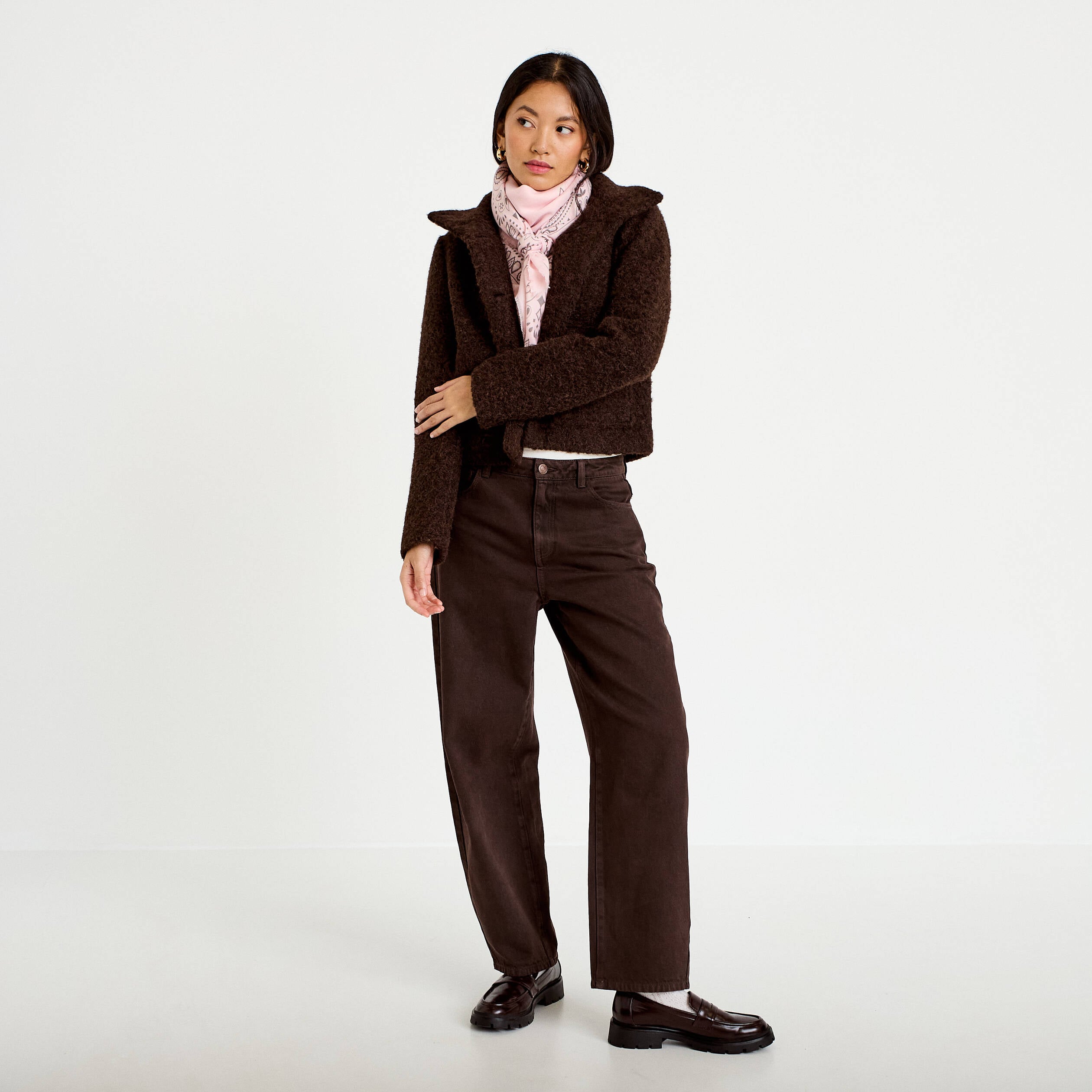 Veste droite bouclette col montant marron fonc&eacute; femme