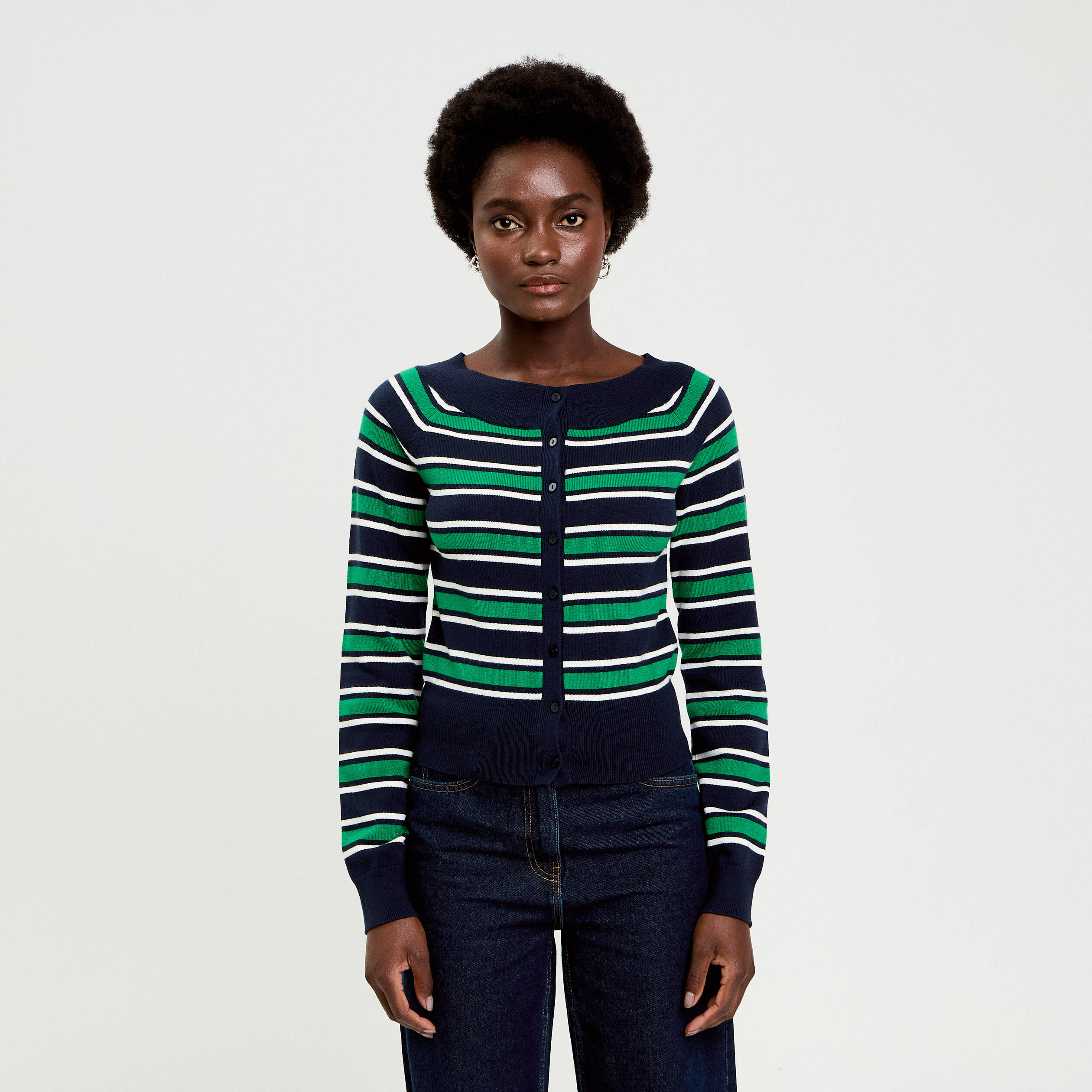 Gilet col bateau bleu marine femme