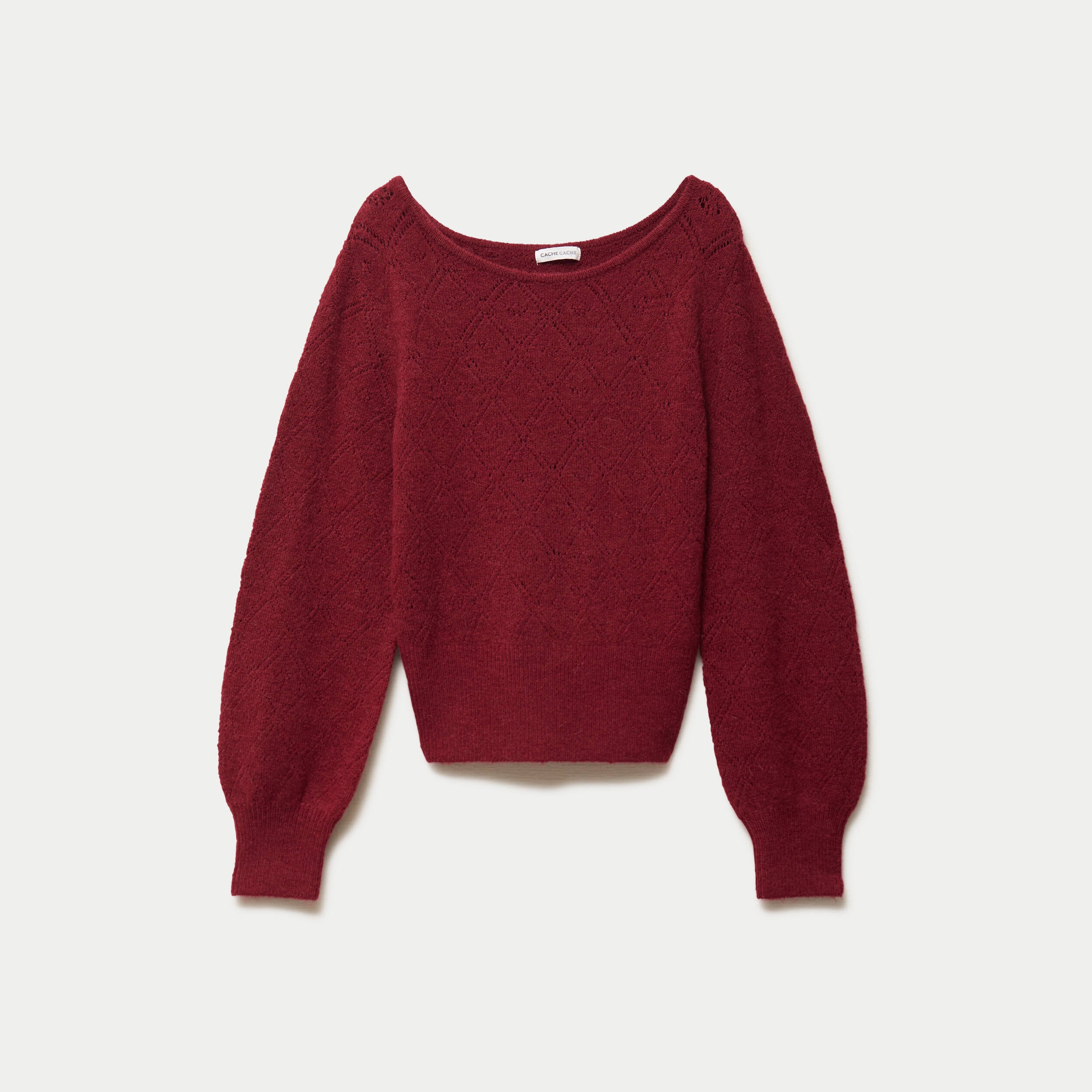 Pull ajour&eacute; col bateau manches longues rouge fonc&eacute; femme