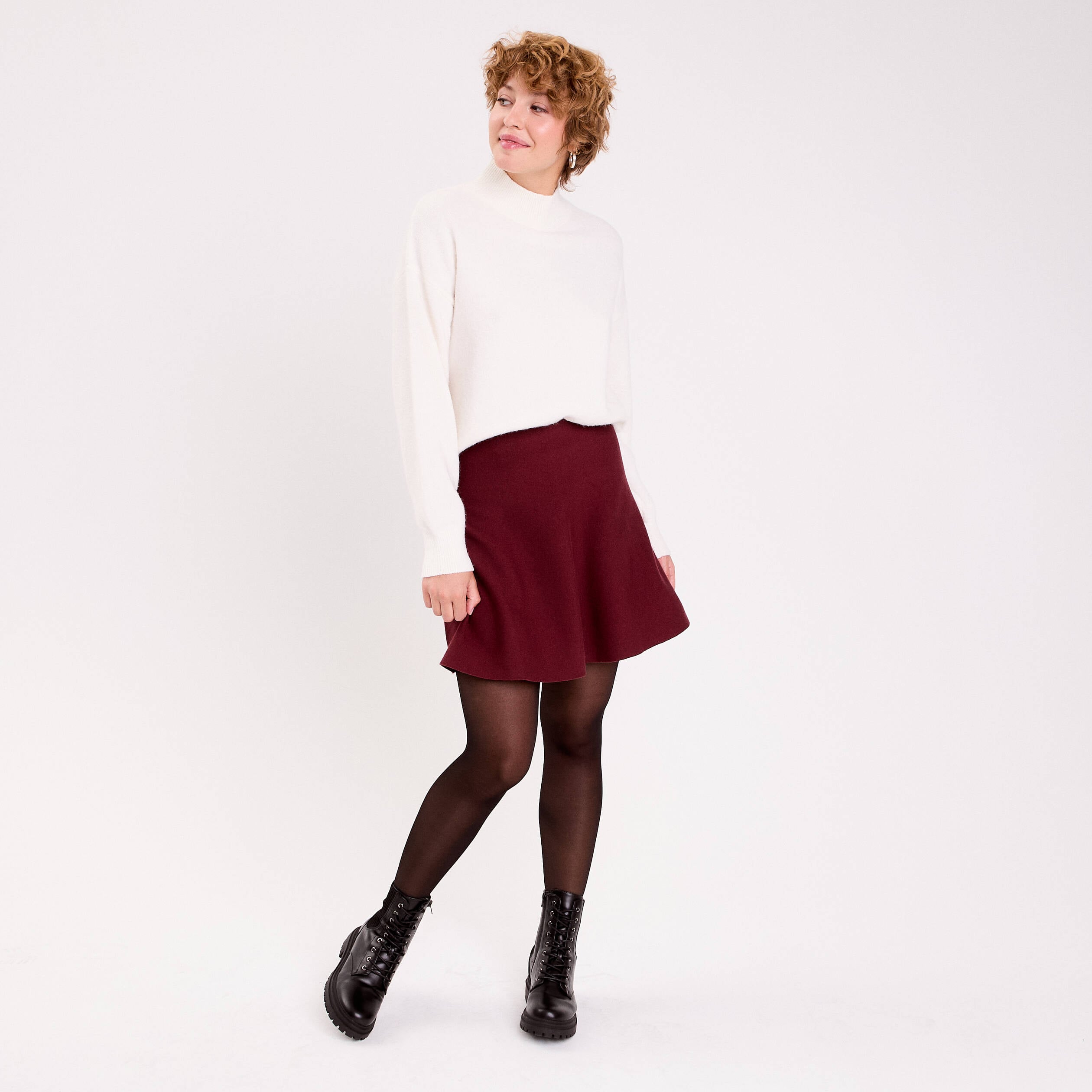Jupe &eacute;vas&eacute;e en maille bordeaux femme