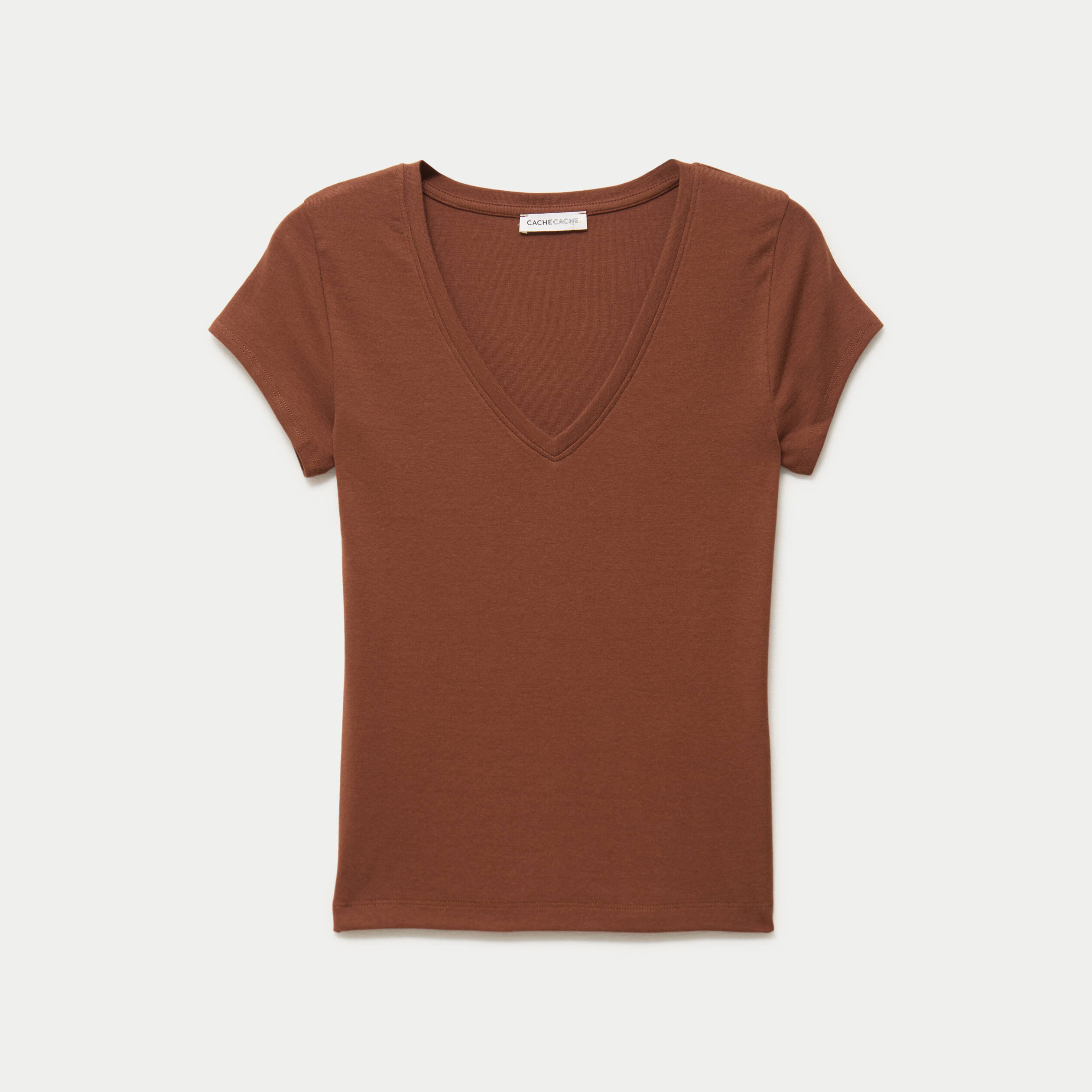 T-shirt ajust&eacute; col v manches courtes marron femme