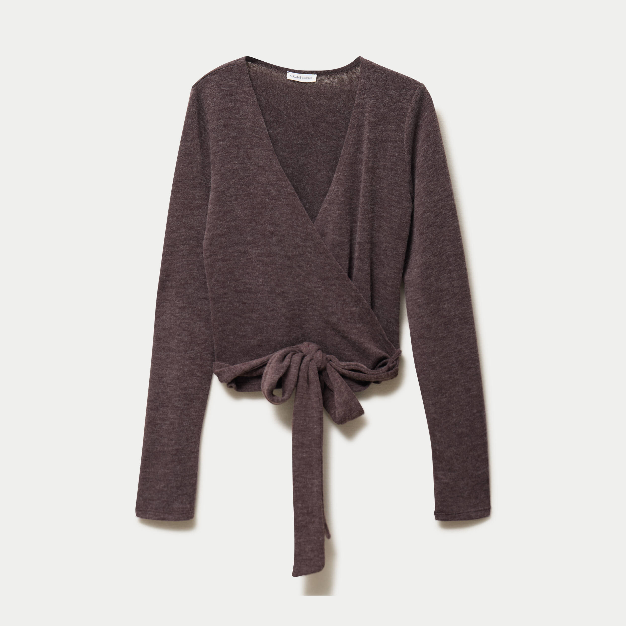 Cache-coeur droit manches longues marron clair femme