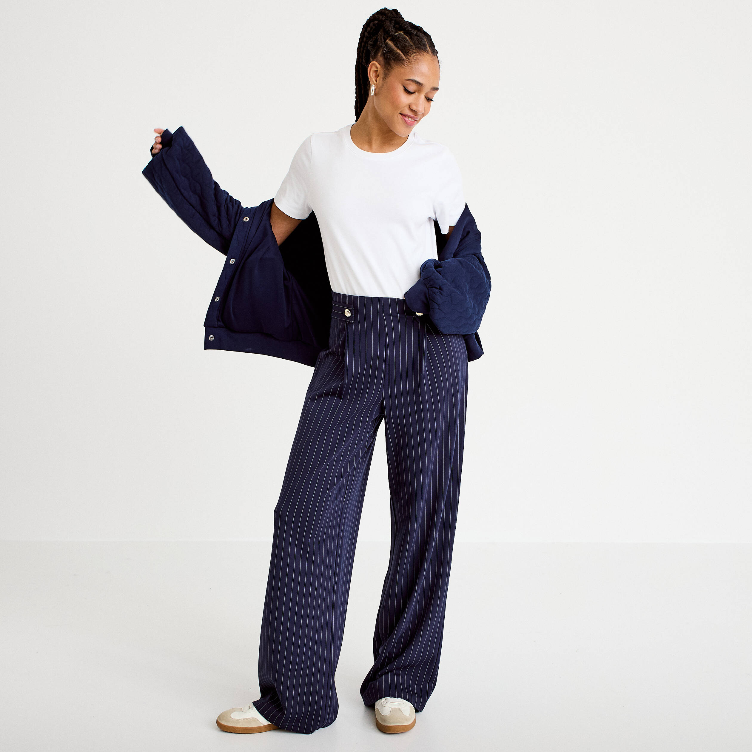 Pantalon bootcut taille haute fluide bleu fonc&eacute; femme