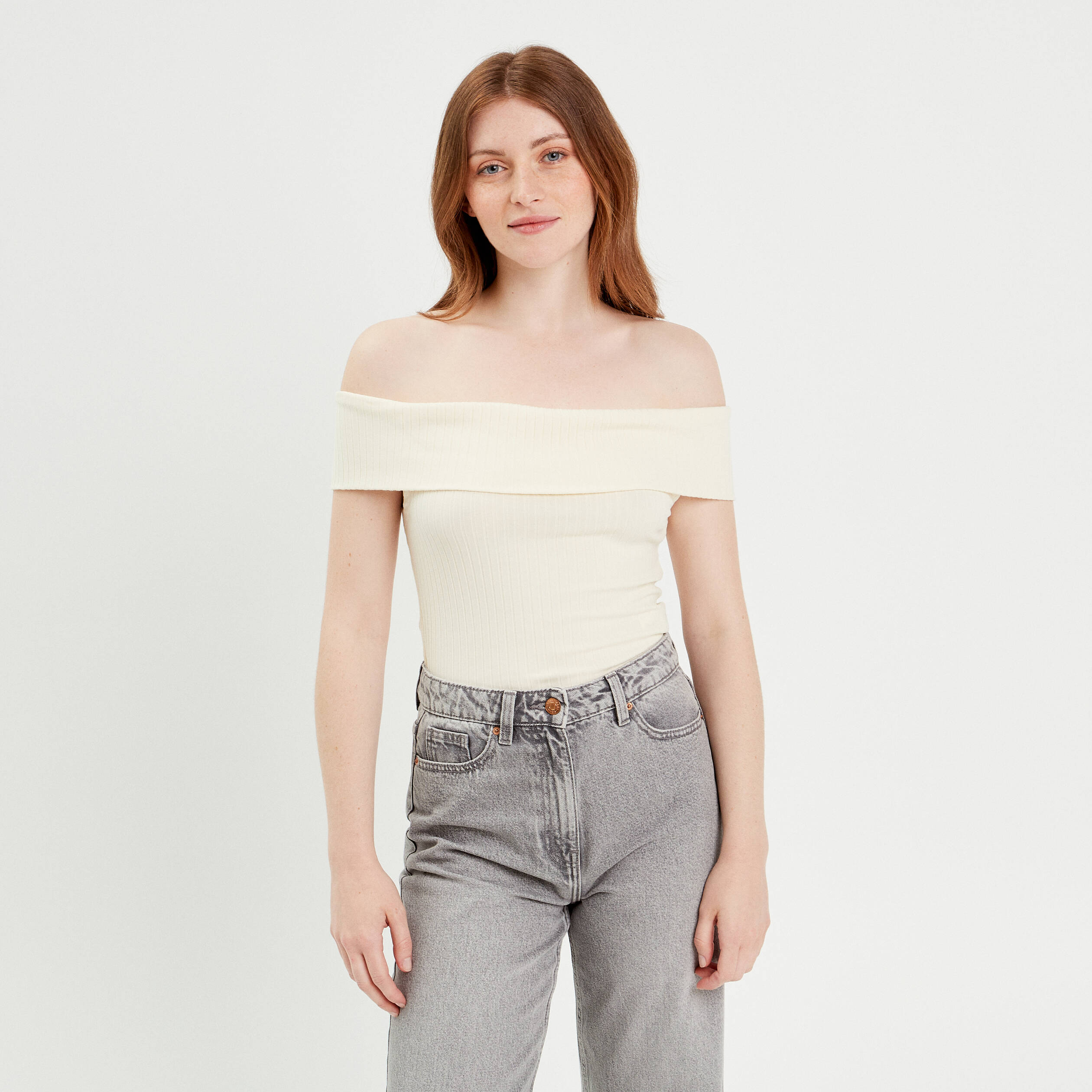 t shirt manches courtes cotele ecru femme T-shirt manches courtes côtelé ecru femme