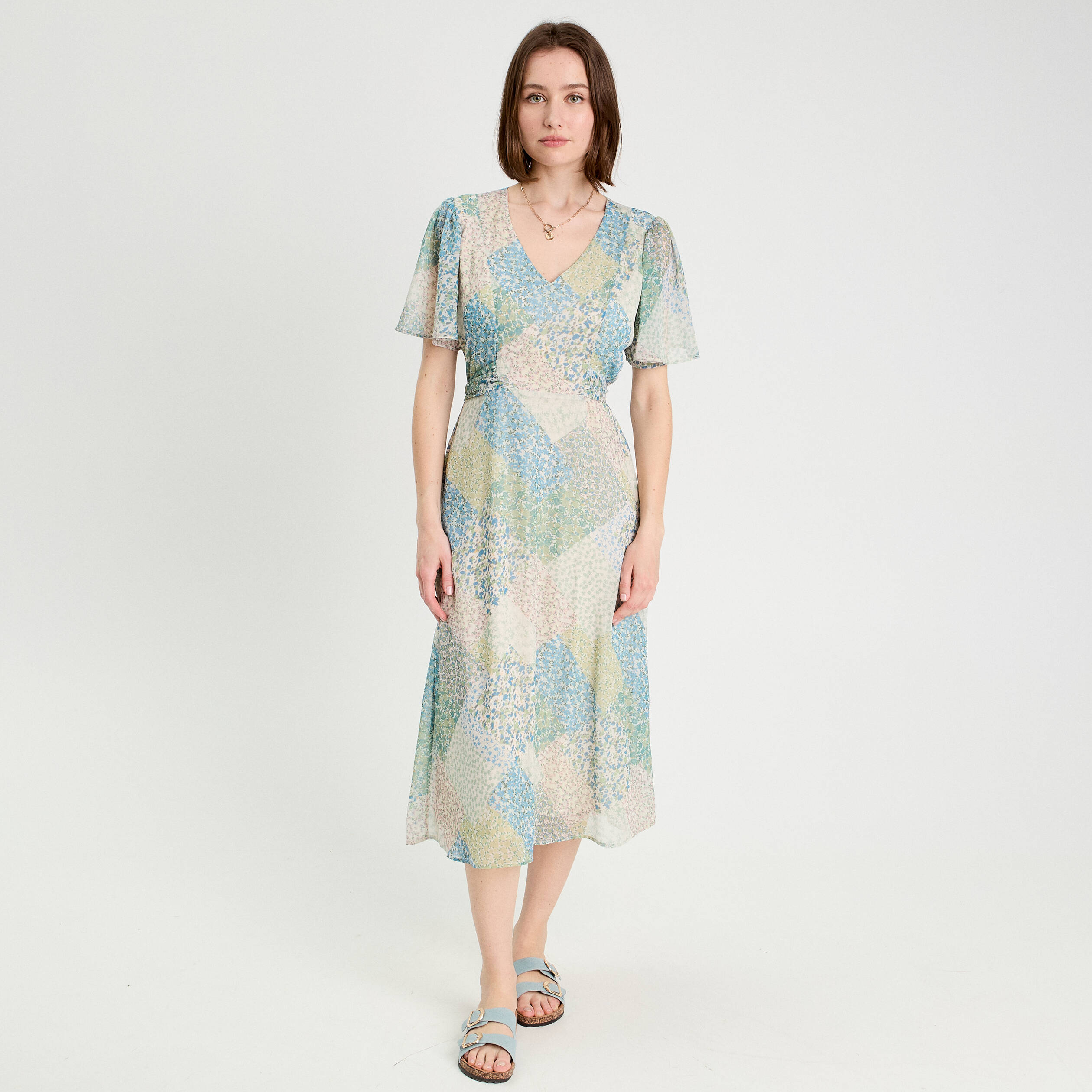 Robe midi &eacute;vas&eacute;e col en V bleu pastel femme