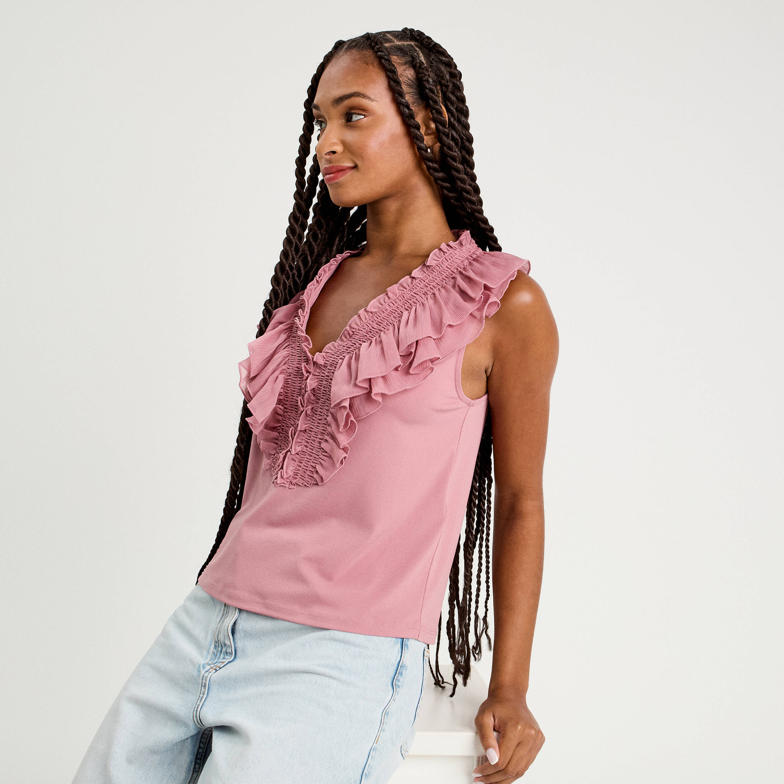 debardeur sans manches volants vieux rose femme Débardeur sans manches volants vieux rose femme
