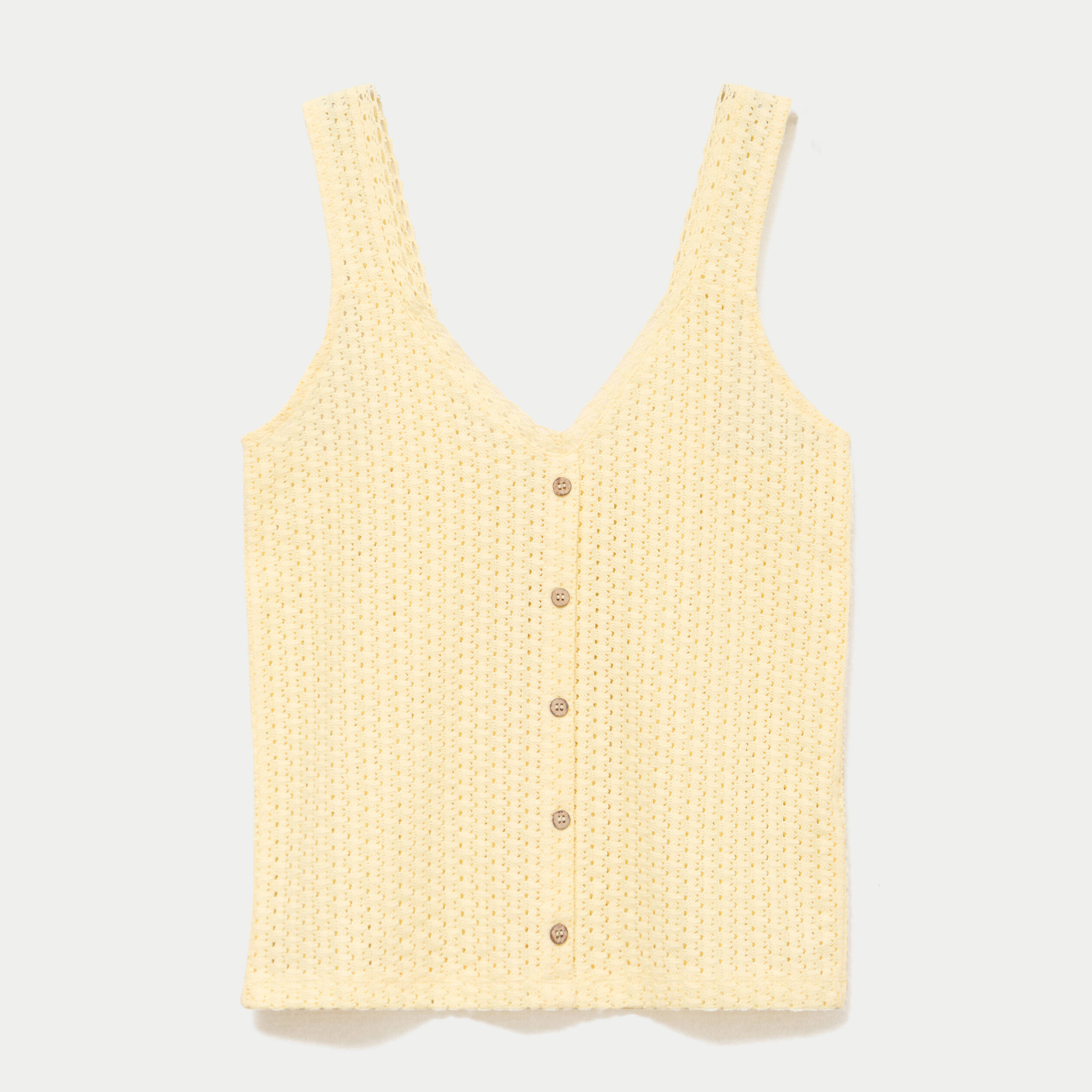 D&eacute;bardeur ajour&eacute; aspect dentelle col v jaune pastel femme