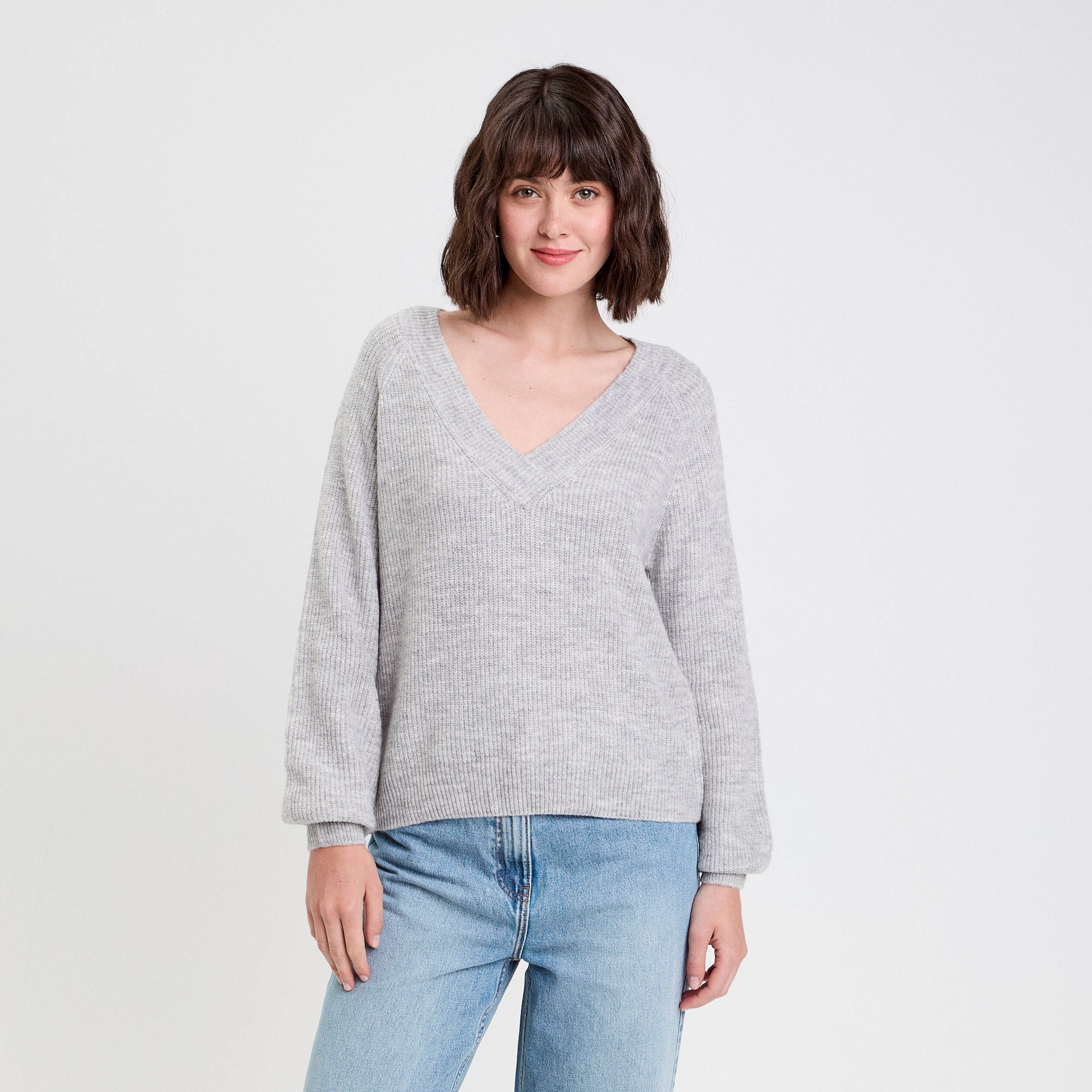 Pull avec col en V gris foncé femme